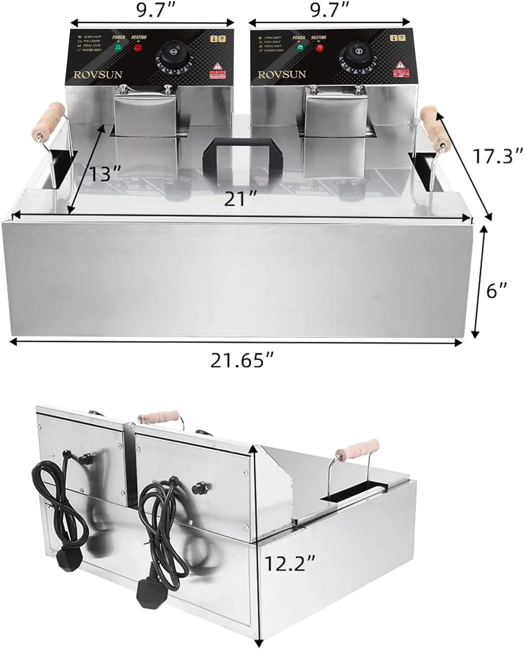Freidora eléctrica ROVSUN de 23,8 Qt con gran canasta única y tapa, temperatura ajustable, freidora comercial de acero inoxidable para papas fritas, aros de cebolla y pavo, 5000 W.