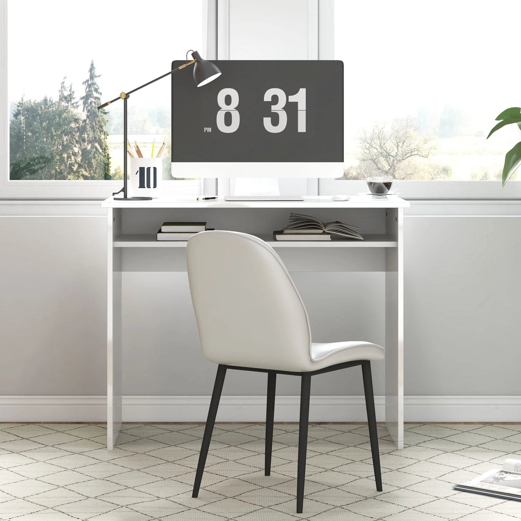 Escritorio de Ordenador Moderno, Escritorio Pequeño con Estante de Almacenamiento, 90 x 50 cm, Blanco Brillante