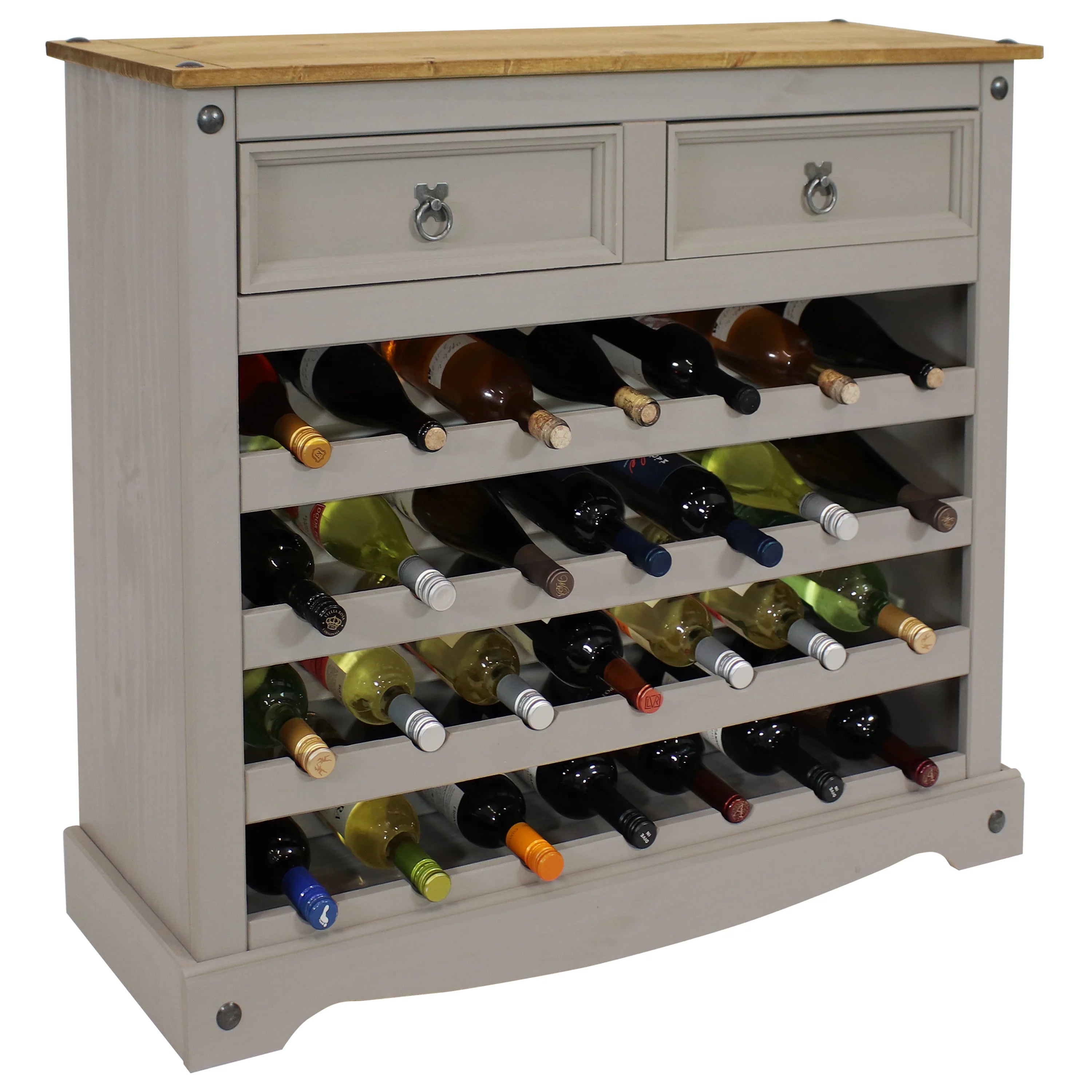 2025 Mesa estante para vino de pino macizo Sunnydaze – 28 botellas, gris, 88 cm