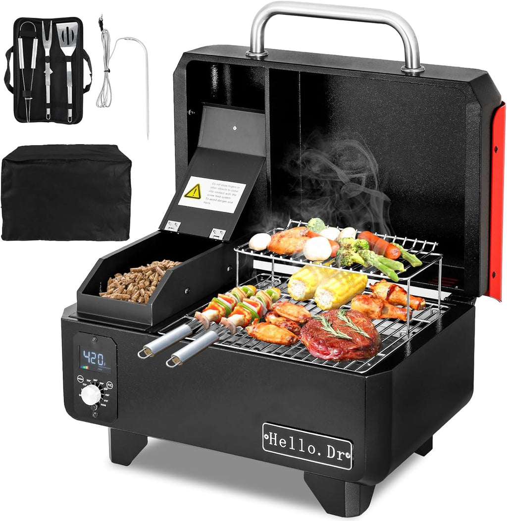 2025 Parrilla y Ahumador Portátil de Pellets de Madera Eléctrica 8 en 1 para Camping, RV, BBQ y Cocinar en el Patio - Control Inteligente de Temperatura y Tecnología de Vapor Súper Caliente