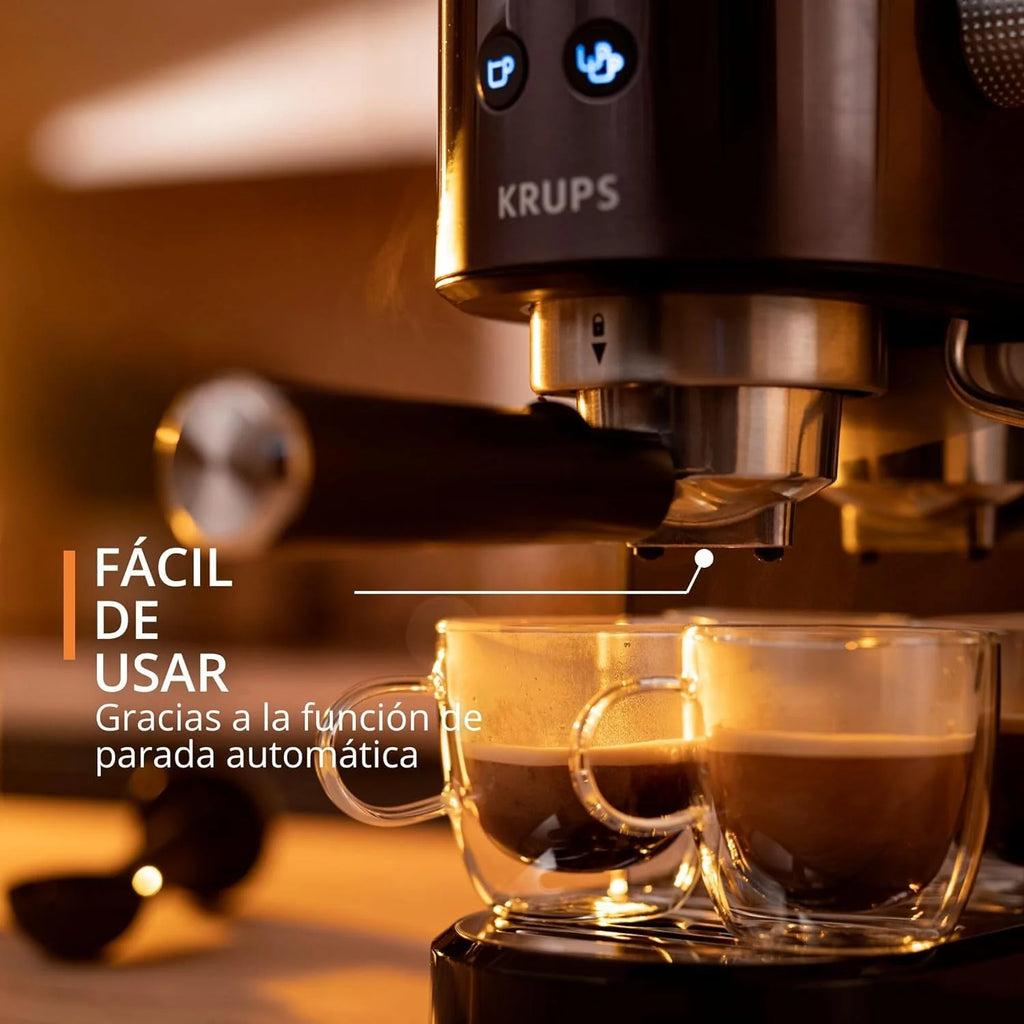 Krups Virtuoso Essential - Cafetera espresso 15 bar, acero inox negro, diseño compacto y elegante, parada automática, espresso y cappuccino, Thermoblock, boquilla de vapor, incluye cuchara, XP4418
