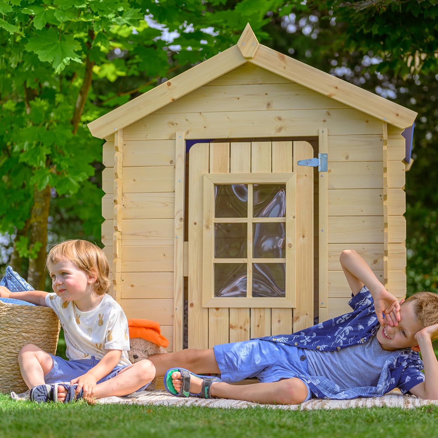 TIMBELA M570Z-1 Casa de Madera para Niños, Casita Infantil Exterior 111x113xA121 cm, Casitas Infantiles Jardin, Casa Juguete Niños, Caseta Infantil (Tetto-Colore Verde)