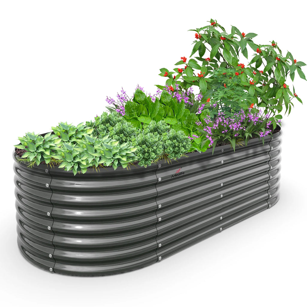 2025 TRAMULL Jardinera elevada en acero galvanizado, 244 x 122 x 60 cm, ovalada, modular, para exterior (Gris cuarzo)