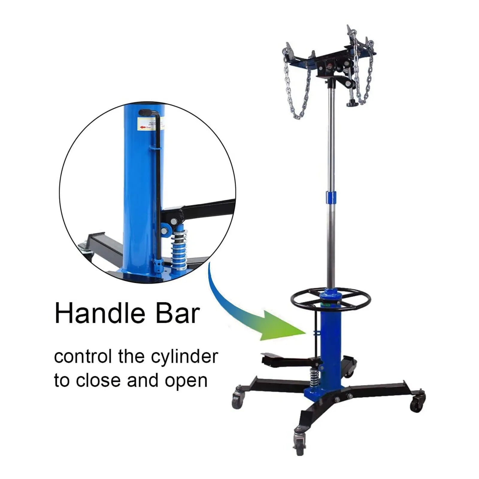 Gato hidráulico vertical para transmisión de vehículos, capacidad de 0,75 toneladas (1660 lb), altura de elevación de 84 a 178 cm, ruedas giratorias de 360° y pedal, color azul