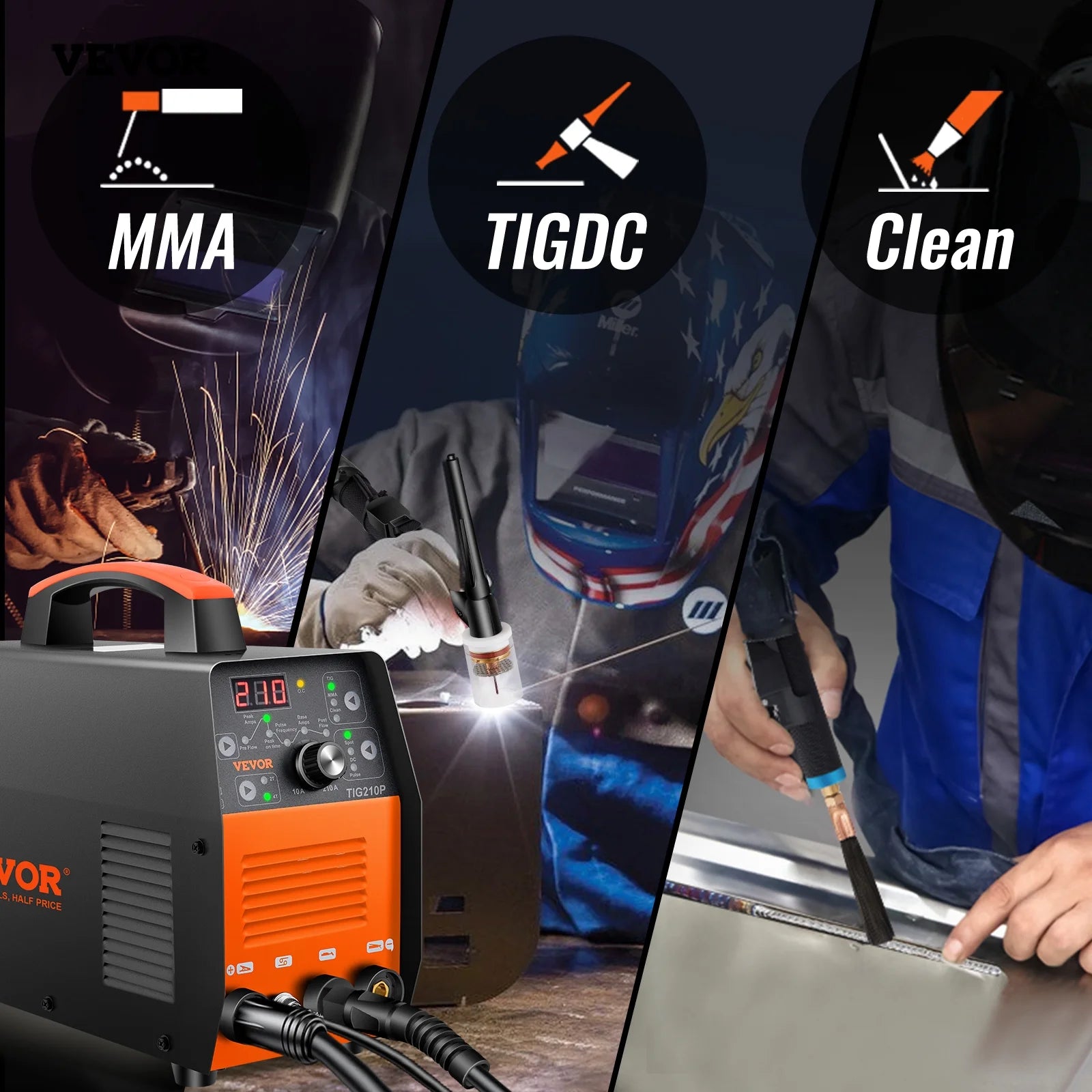 2025 Soldadora TIG VEVOR 210A 110/220V bi-tensión 3-en-1 con pulso, inversor IGBT y antorcha – soldadura TIG/MIG/MMA y limpieza para acero inoxidable, hierro, cobre y níquel
