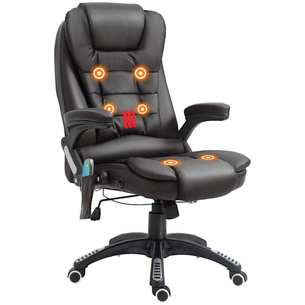 Silla de oficina ejecutiva con masaje y calefacción, sillón de oficina de cuero PU con respaldo alto, marrón