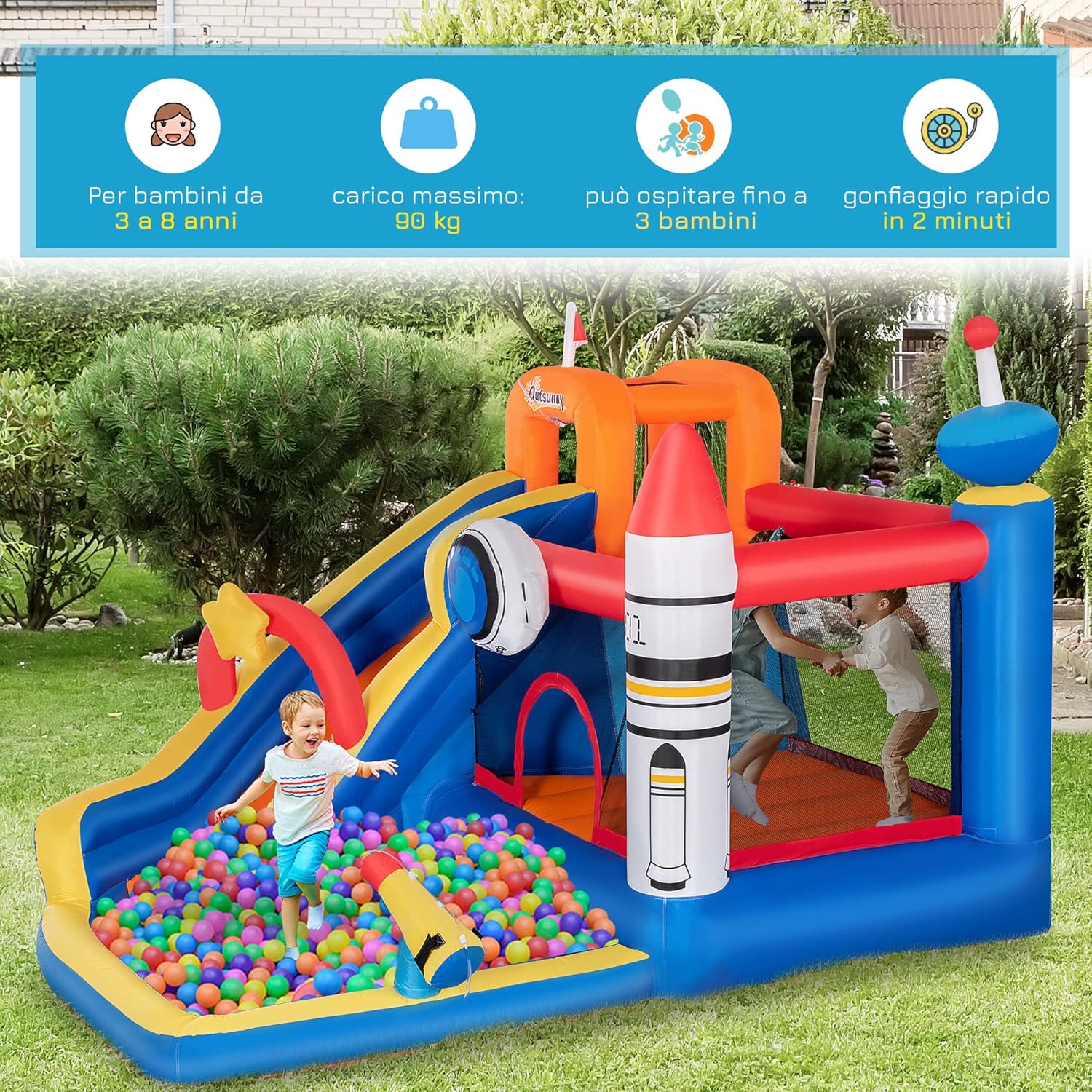 Outsunny Inflatable Game for Kids 3-8 Years Old Space Theme Oxford Fabric with Carry Bag, 11 Stakes and Patches Included, 340 x 270 x 227 cm