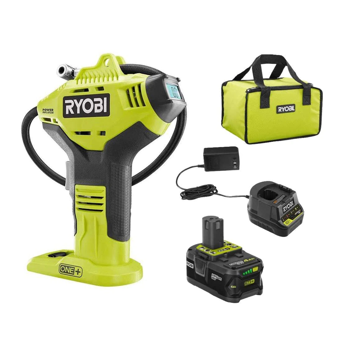 2025 Inflador de alta presión inalámbrico Ryobi P737D 18V One+ con manómetro digital, batería 4.0 Ah, cargador y bolsa