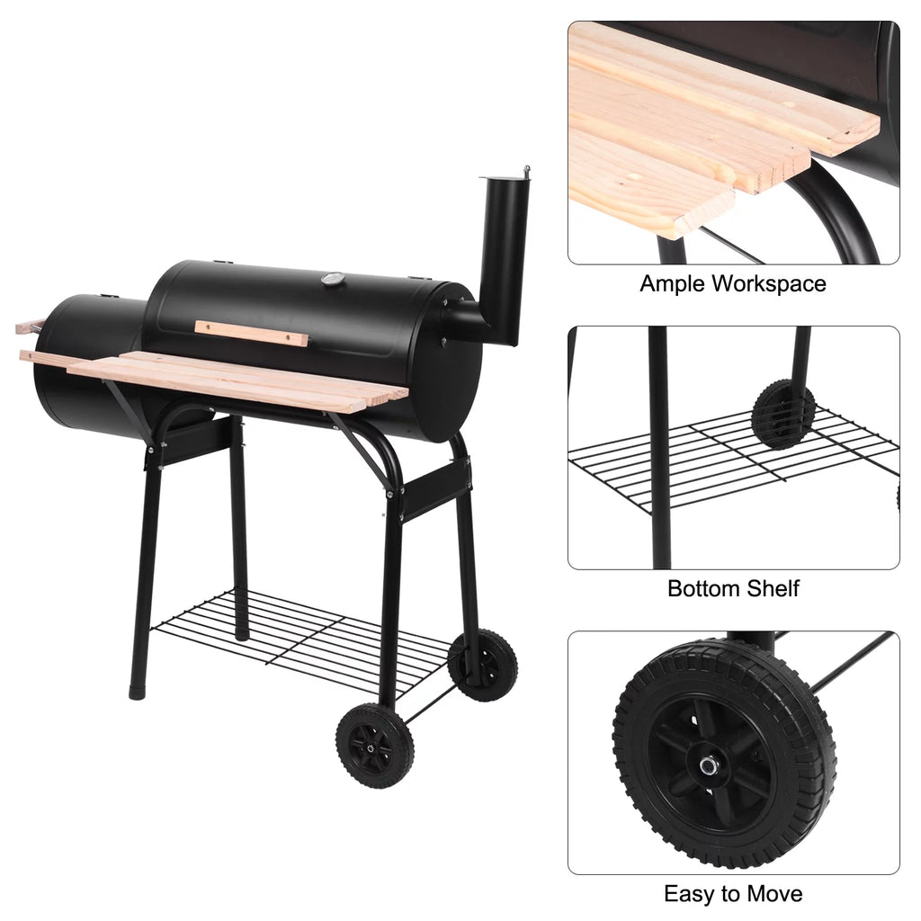 Parrilla portátil de carbón UBesGoo con ahumador lateral de acero para camping, negra.