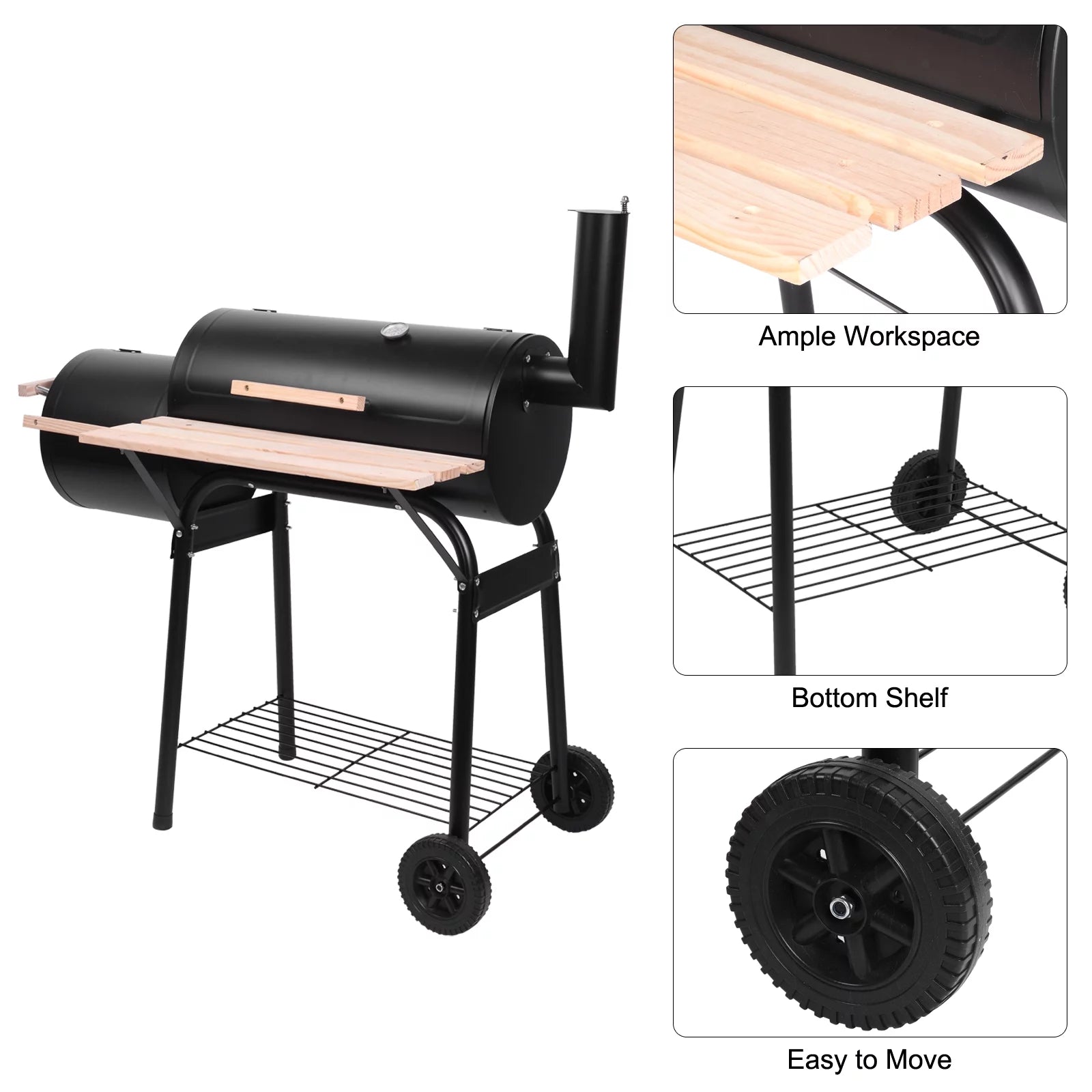 Parrilla portátil de carbón UBesGoo con ahumador lateral de acero para camping, negra.
