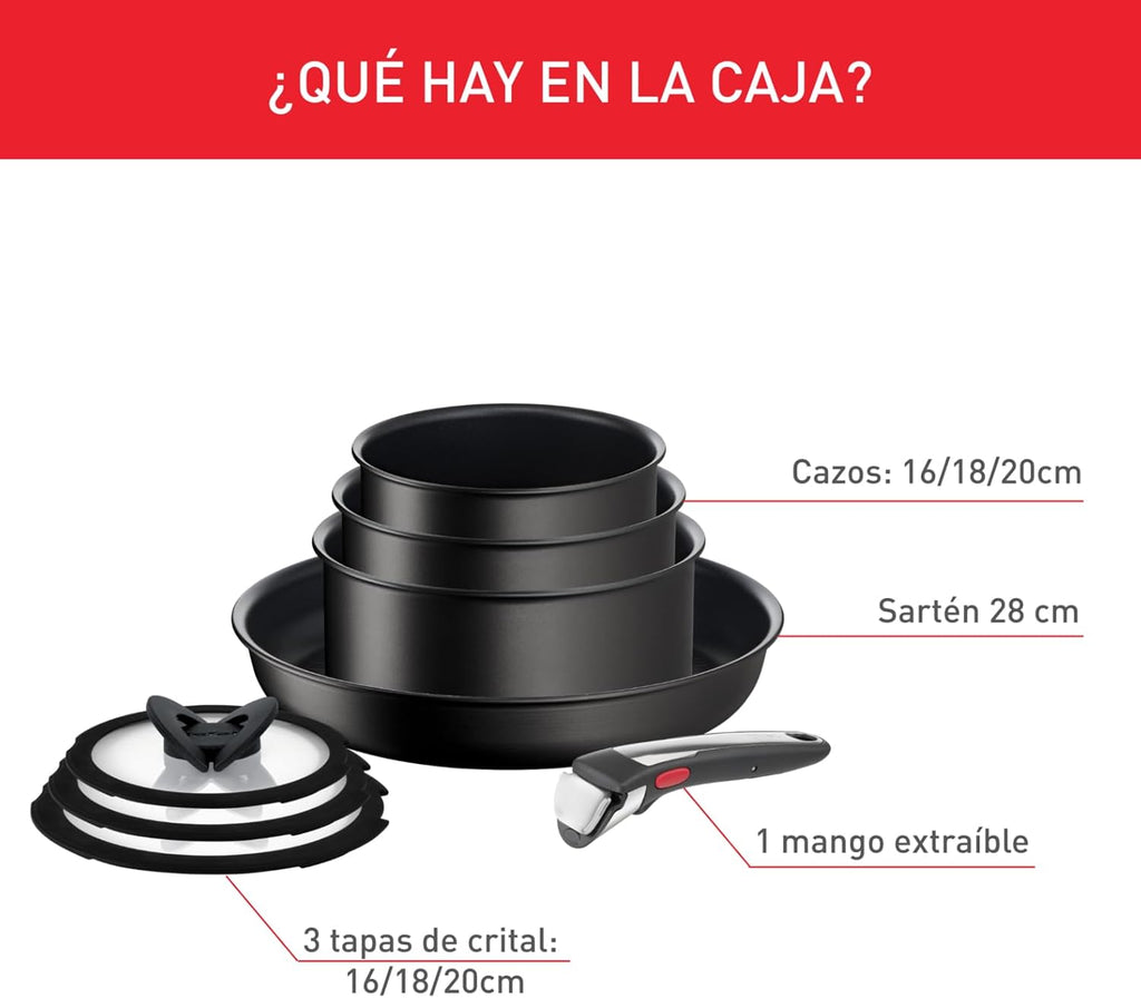 Tefal Ingenio Unlimited On - Juego de 3 Cazos 16/18/20 cm + Mango extraíble | Apto inducción, antiadherentes, revestimiento titanio, Thermo-signal, sin PFOA, apto lavavajillas y horno