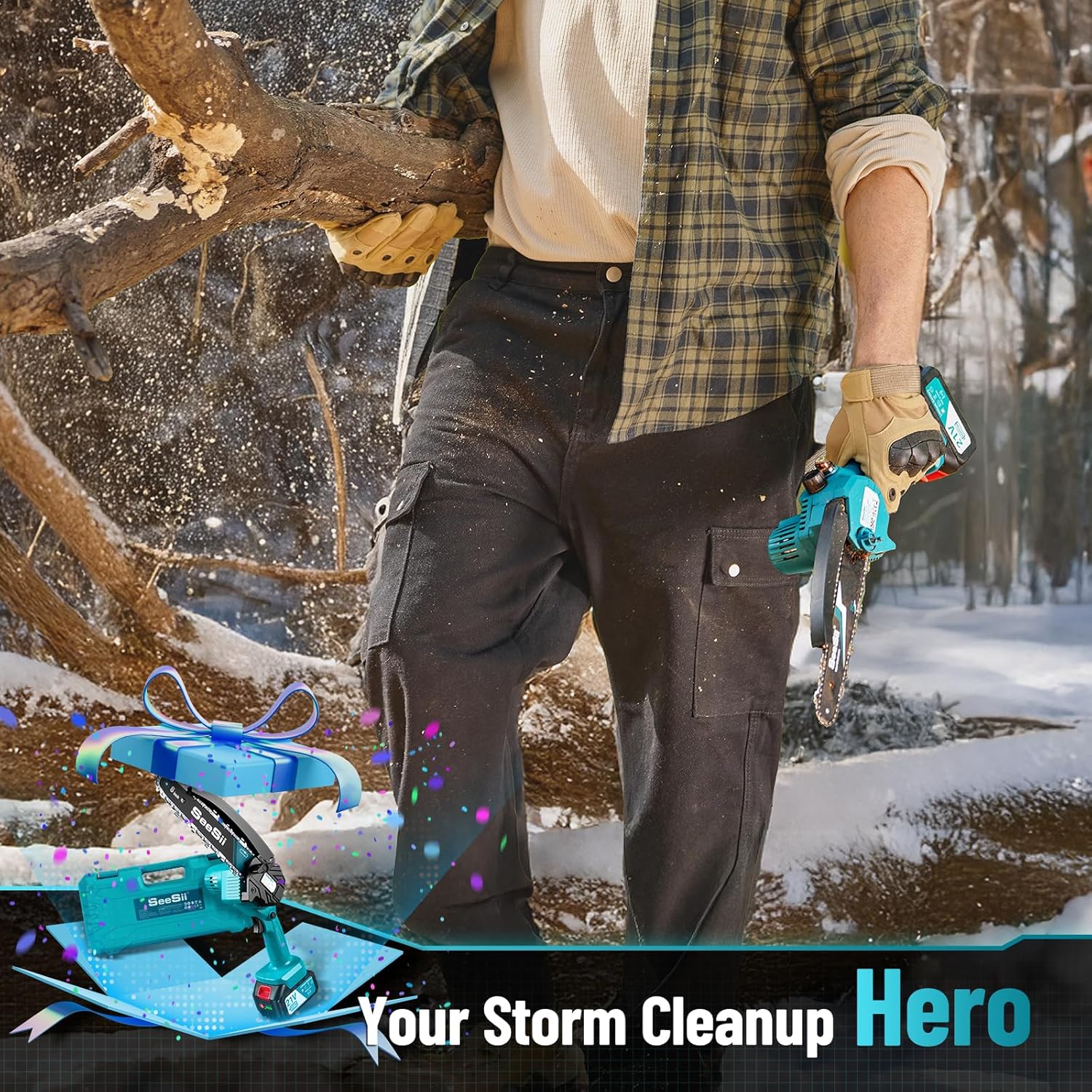 SEESII 2-in-1 Cordless Chain Saw and Mini Chainsaw with 2 4000mAh Batteries, 8 Inch Brushless Chainsaw with Telescopic Pole, Extendable up to 15 Feet for Tree Pruning
