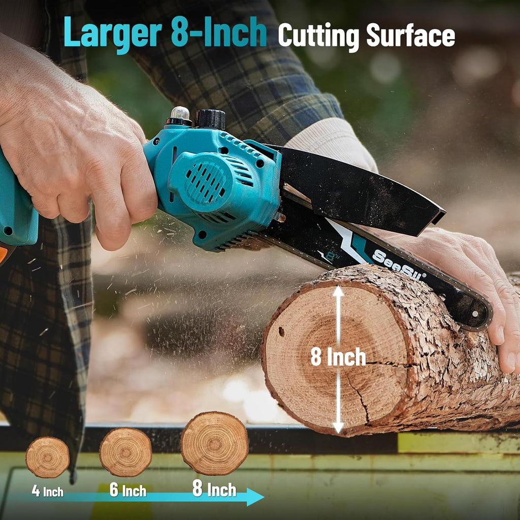 SEESII 2-in-1 Cordless Chain Saw and Mini Chainsaw with 2 4000mAh Batteries, 8 Inch Brushless Chainsaw with Telescopic Pole, Extendable up to 15 Feet for Tree Pruning