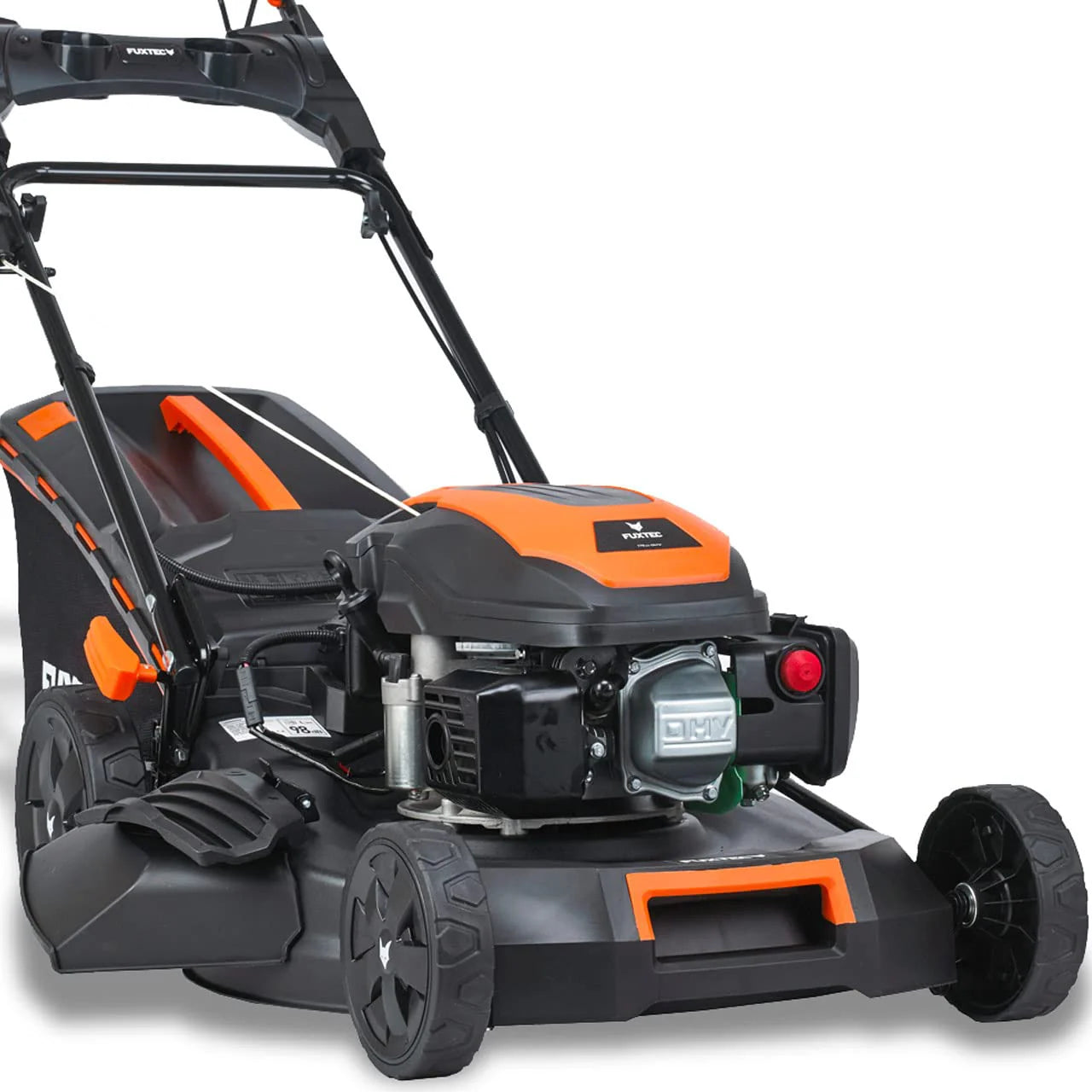2025 Cortacésped de gasolina 4 en 1 FUXTEC FX-RM5196eS con motor ZIPGO, cortacésped de jardín con función de descarga lateral, ancho de corte 51 cm, motor de 4 tiempos con tracción trasera, ruedas grandes con rodamientos, bolsa de césped 60 L