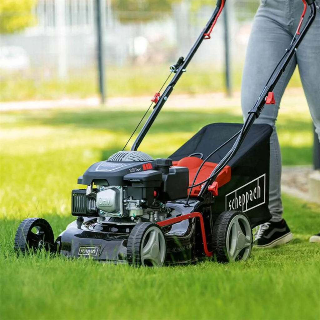 2025 Cortacésped Scheppach RM420 | 3 en 1 – 3,4 CV | Ancho de corte 420 mm | Cesto de recogida 45 L | Ajuste de altura de corte 25-75 mm | Incluye aceite para motor y cuchilla de repuesto