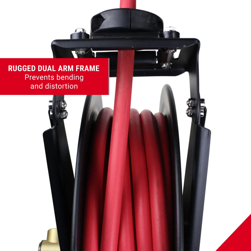 2025 Enrollador Automático de Doble Brazo de Acero con Manguera de Goma de 1/2" x 15 m – Máx. 300 PSI
