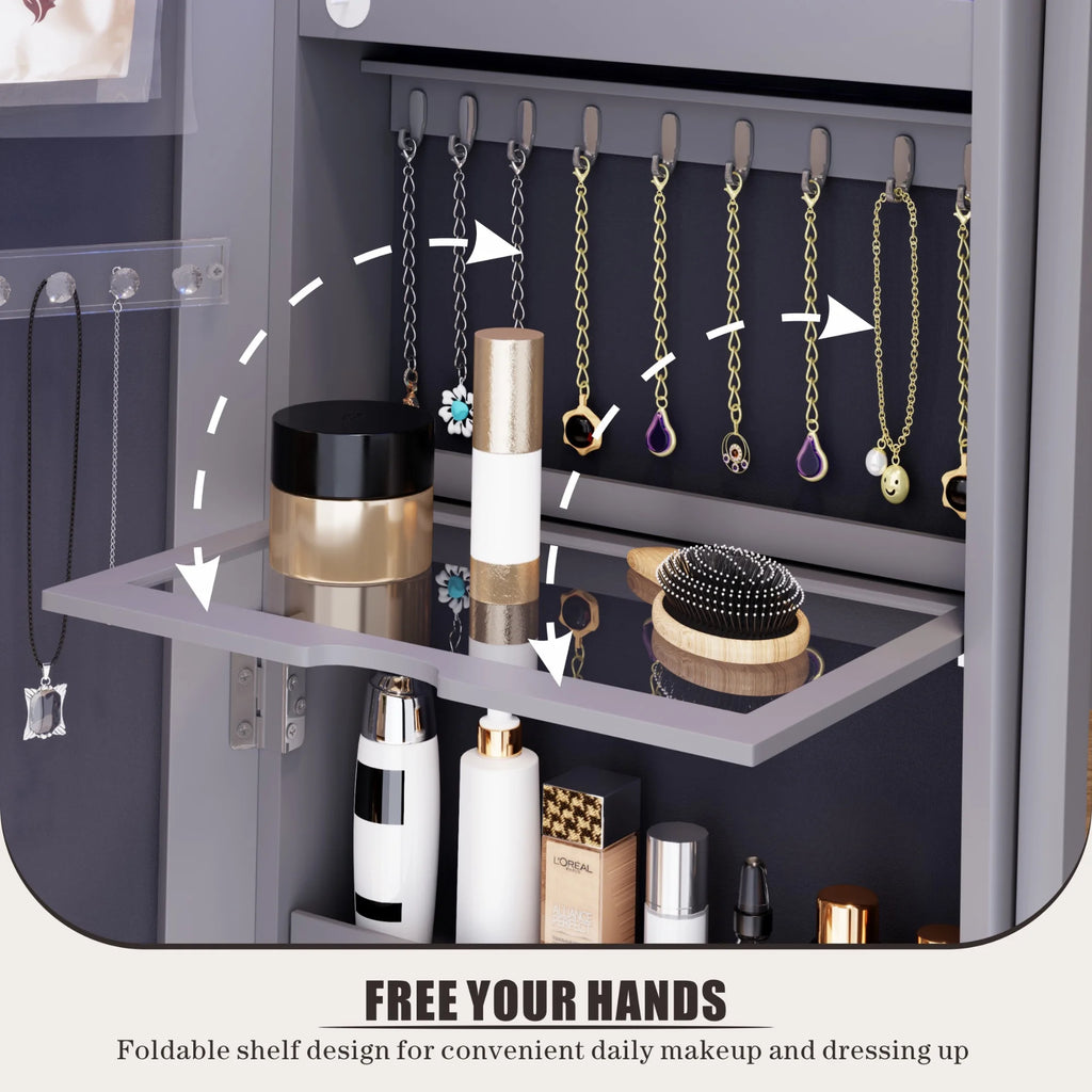 Joyero FREDEES con espejo e iluminación: organizador de madera con espejo de cuerpo entero para mujer, color gris elegante.
