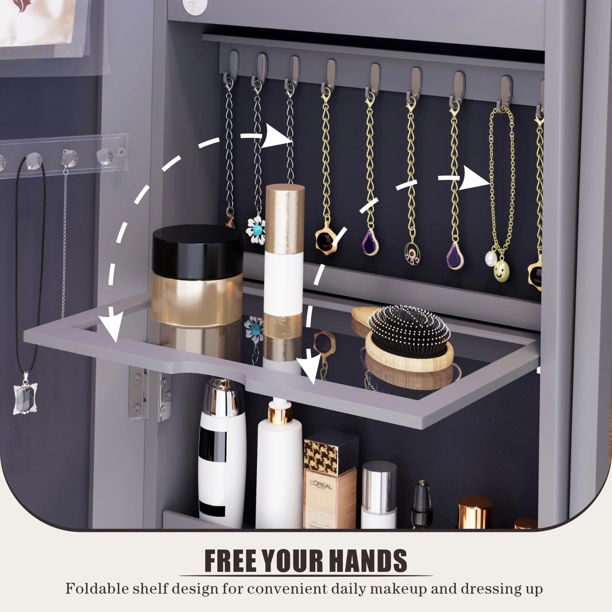 Joyero FREDEES con espejo e iluminación: organizador de madera con espejo de cuerpo entero para mujer, color gris elegante.