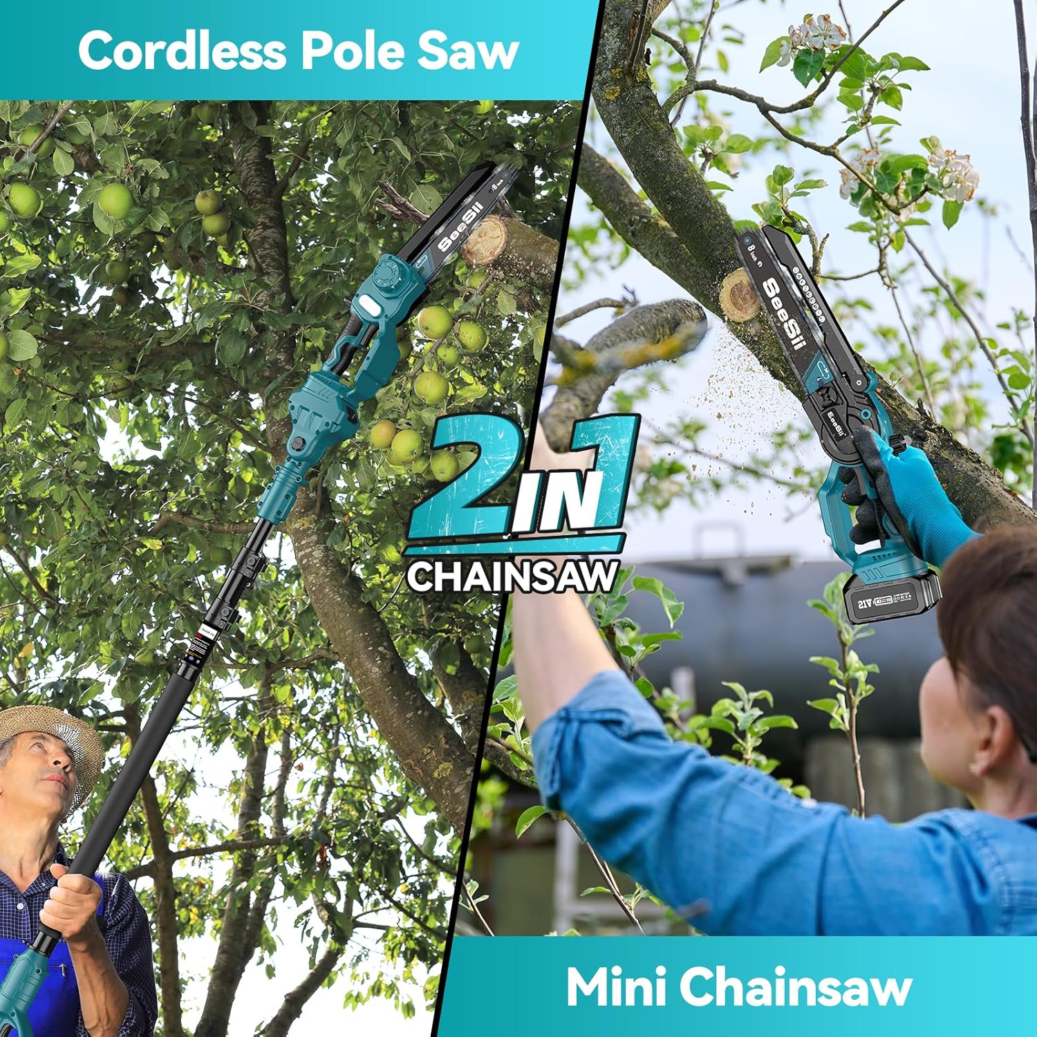 SEESII 2-in-1 Cordless Chain Saw and Mini Chainsaw with 2 4000mAh Batteries, 8 Inch Brushless Chainsaw with Telescopic Pole, Extendable up to 15 Feet for Tree Pruning