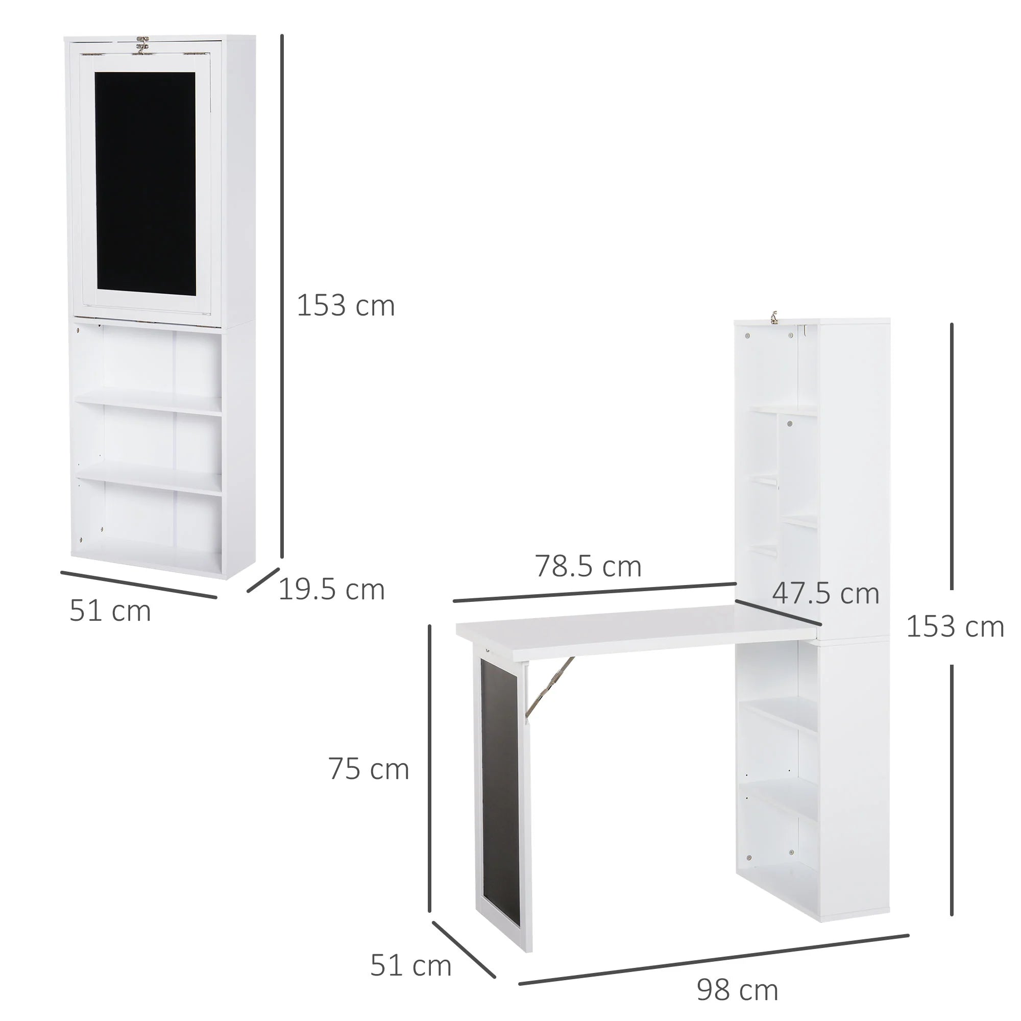 Escritorio de Ordenador de Pared – Mesa de Estudio Abatible con Pizarra y Estantería, Blanco