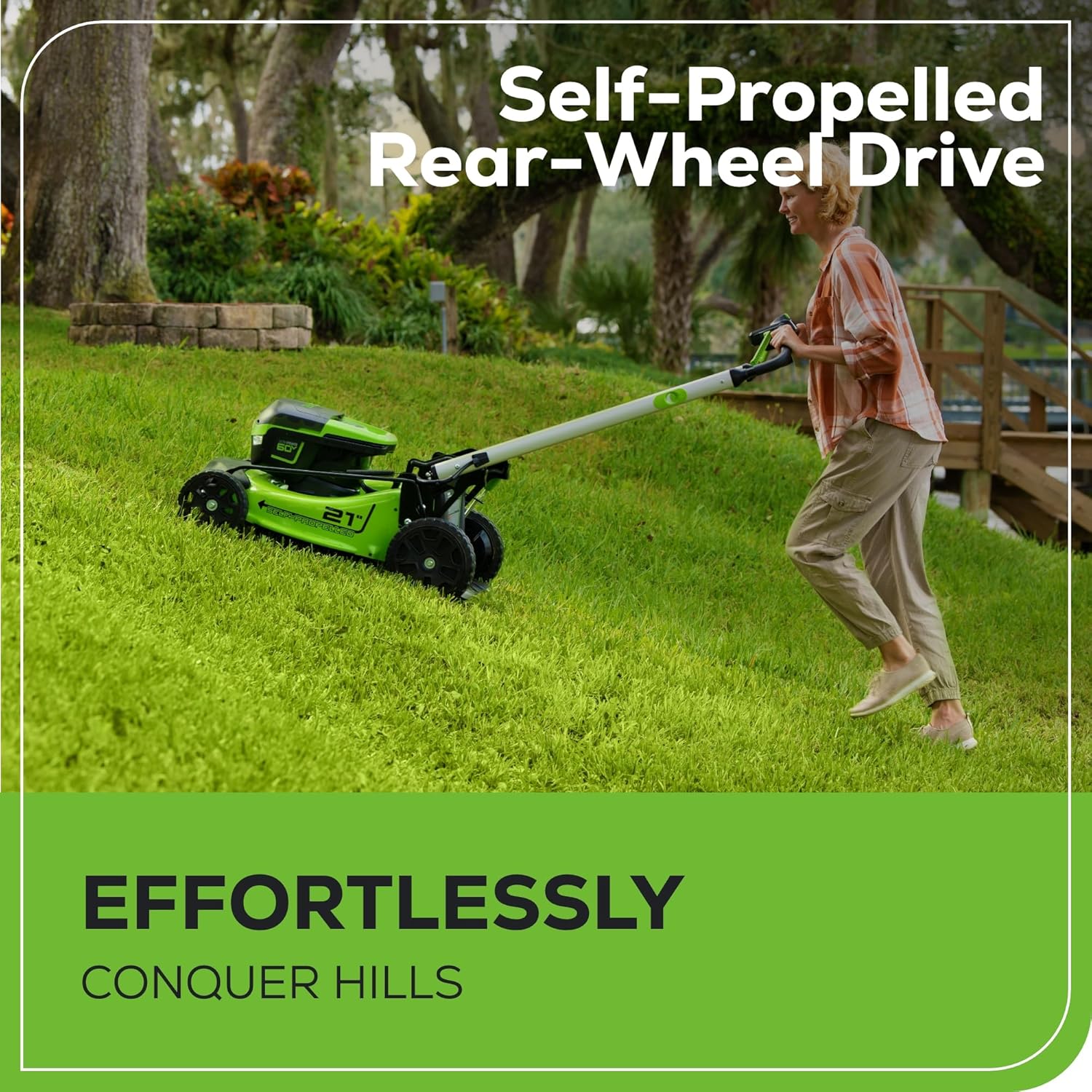 2025 Cortadora de Césped Inalámbrica Greenworks 60V 21” (Auto-Propulsada), 2 Baterías de 4.0Ah y Cargador Rápido Dual