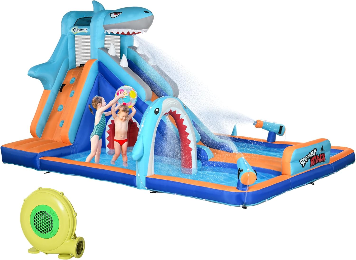 Outsunny Children's Inflatable Castle 6 in 1 Inflatable Castle for Children with Slide Pool Climbing Wall Water Cannon and Shark Themed Carry Bag 440x350x240cm Multicolor