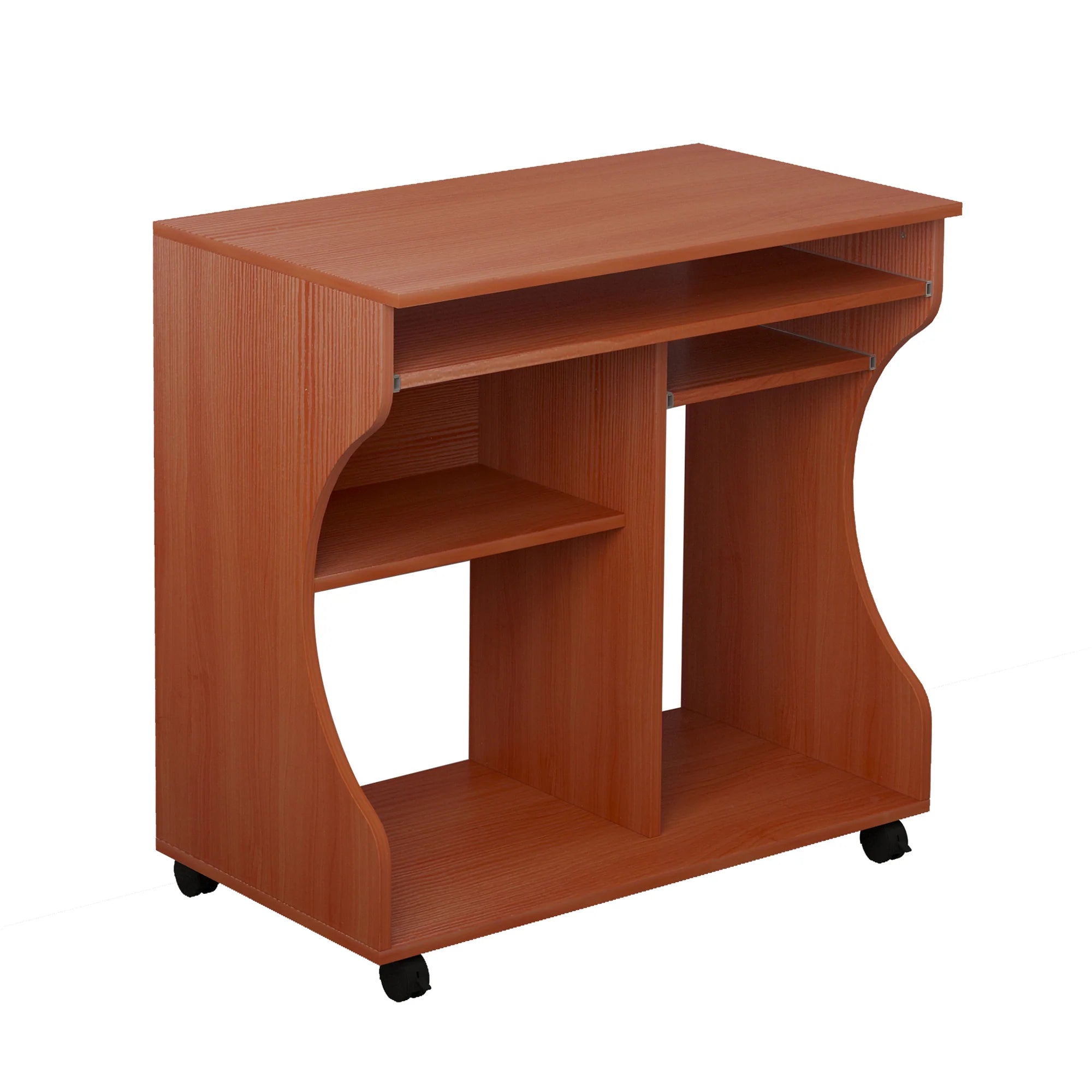 Escritorio para Ordenador con Bandeja Deslizante para Teclado, Estanterías de Almacenamiento y Ruedas, Color Cerezo