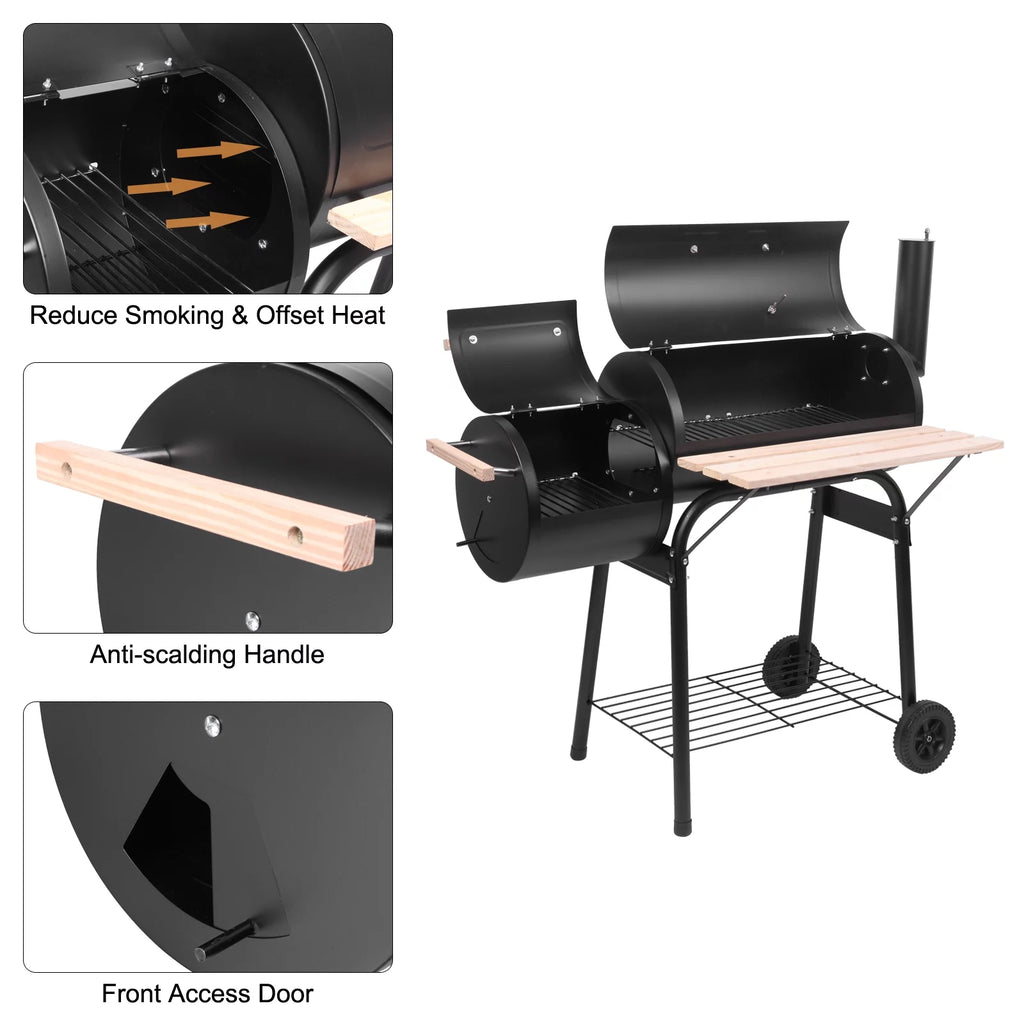 Parrilla portátil de carbón UBesGoo con ahumador lateral de acero para camping, negra.