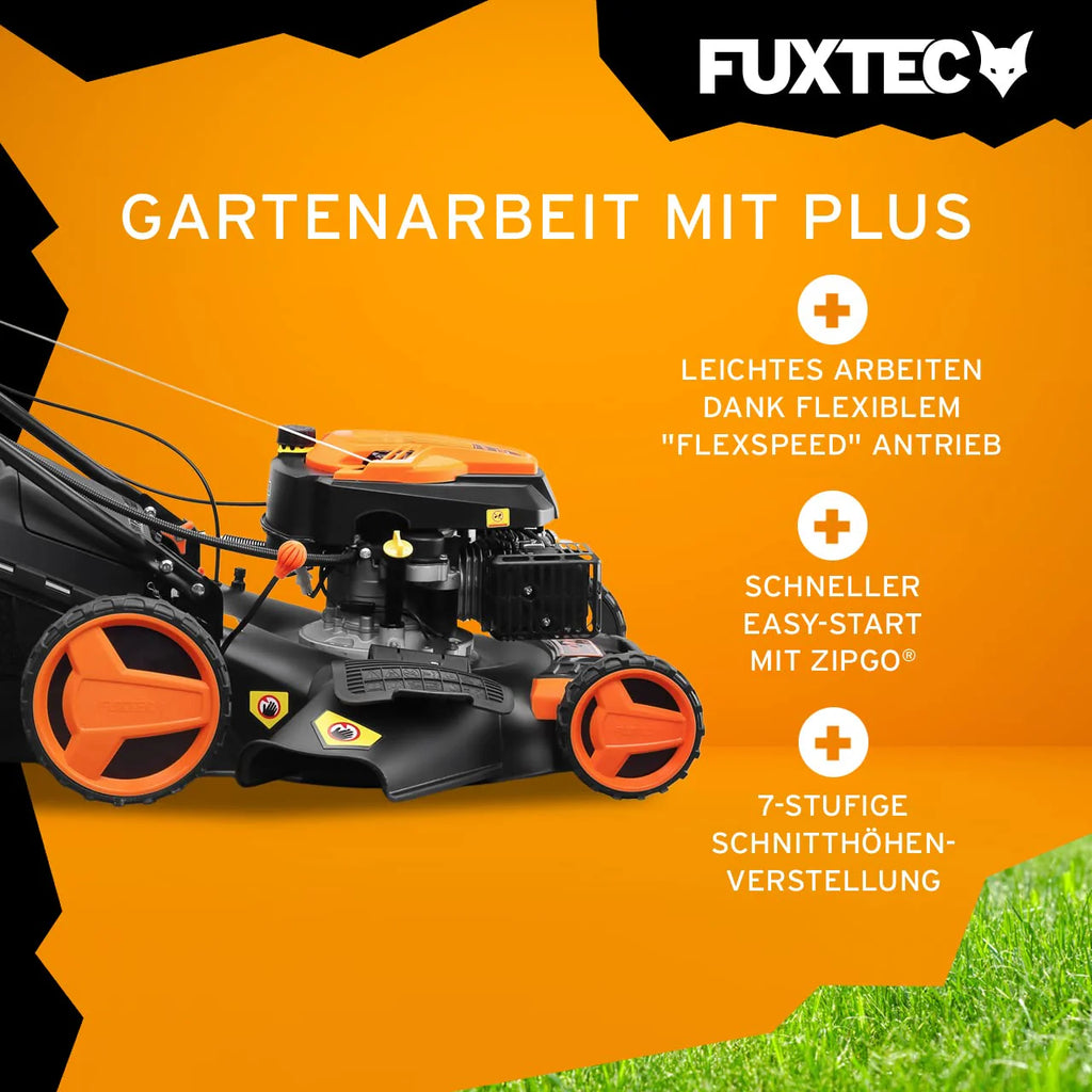 2025 Cortacésped de gasolina 4 en 1 FUXTEC FX-RM5196eS con motor ZIPGO, cortacésped de jardín con función de descarga lateral, ancho de corte 51 cm, motor de 4 tiempos con tracción trasera, ruedas grandes con rodamientos, bolsa de césped 60 L