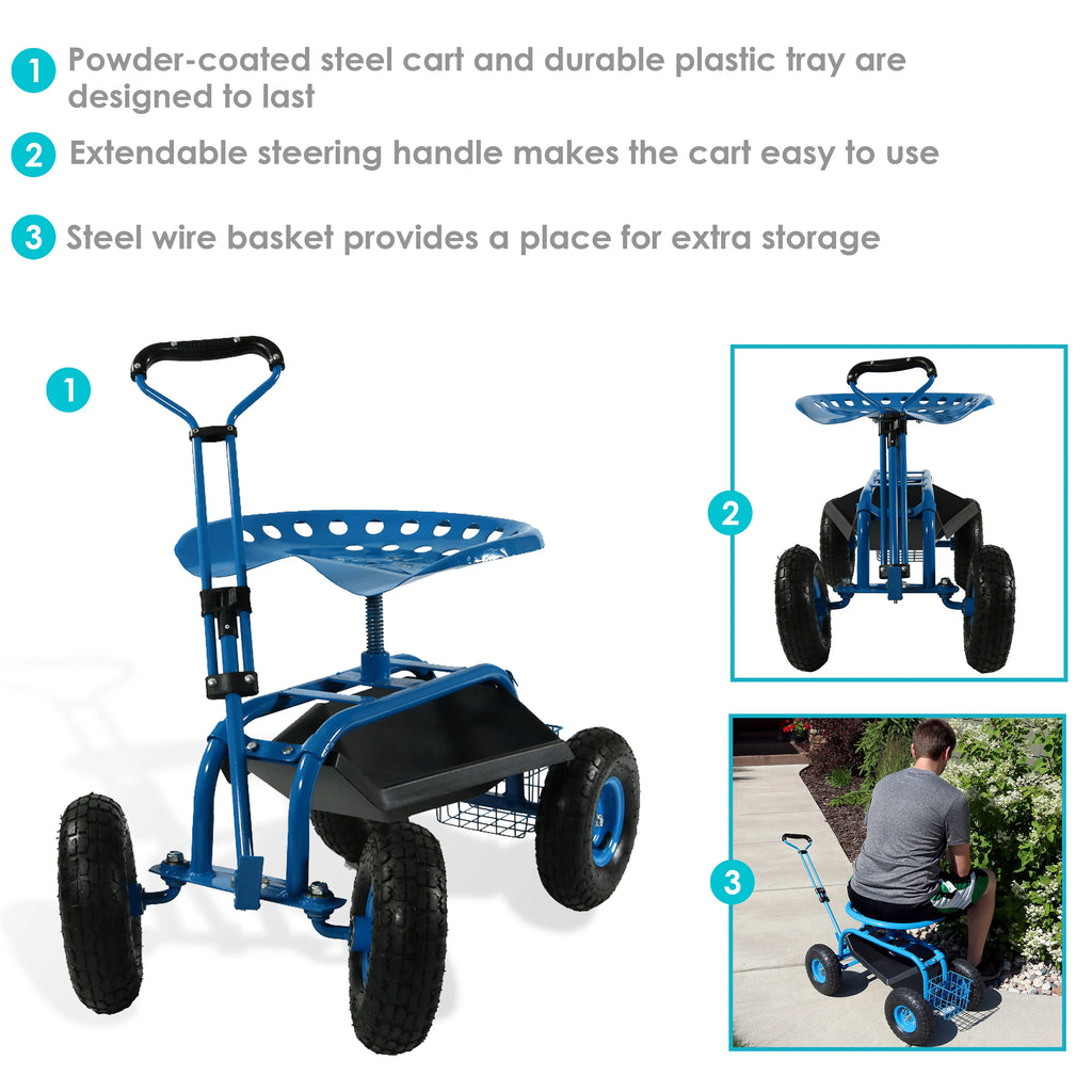 2025 Carrito de Jardín Rodante Sunnydaze con Asiento Giratorio y Manillar de Dirección