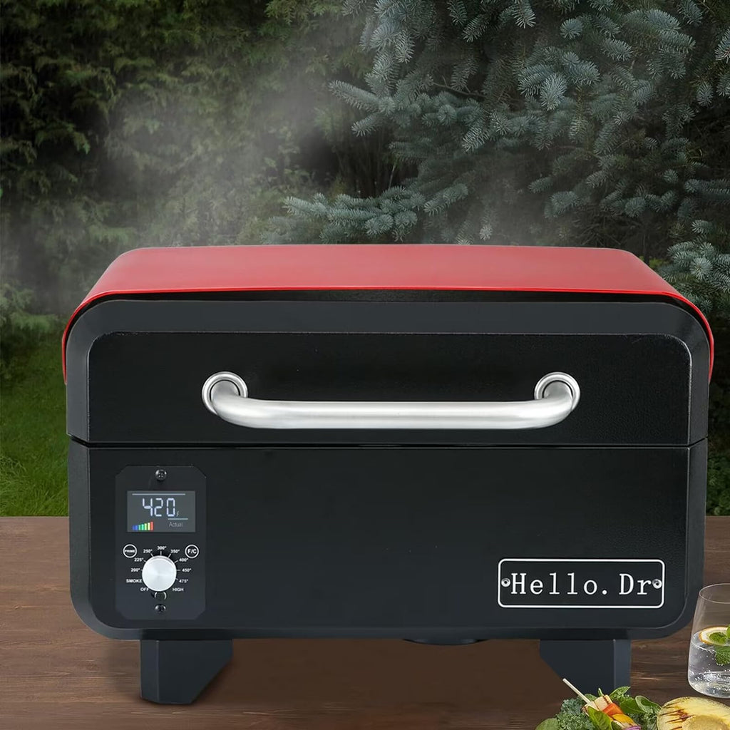 Parrilla y ahumador portátil de pellets de madera, parrilla eléctrica 8 en 1 para RV, picnics y cocina al aire libre, con control de temperatura inteligente y tecnología de vapor sobrecalentado.