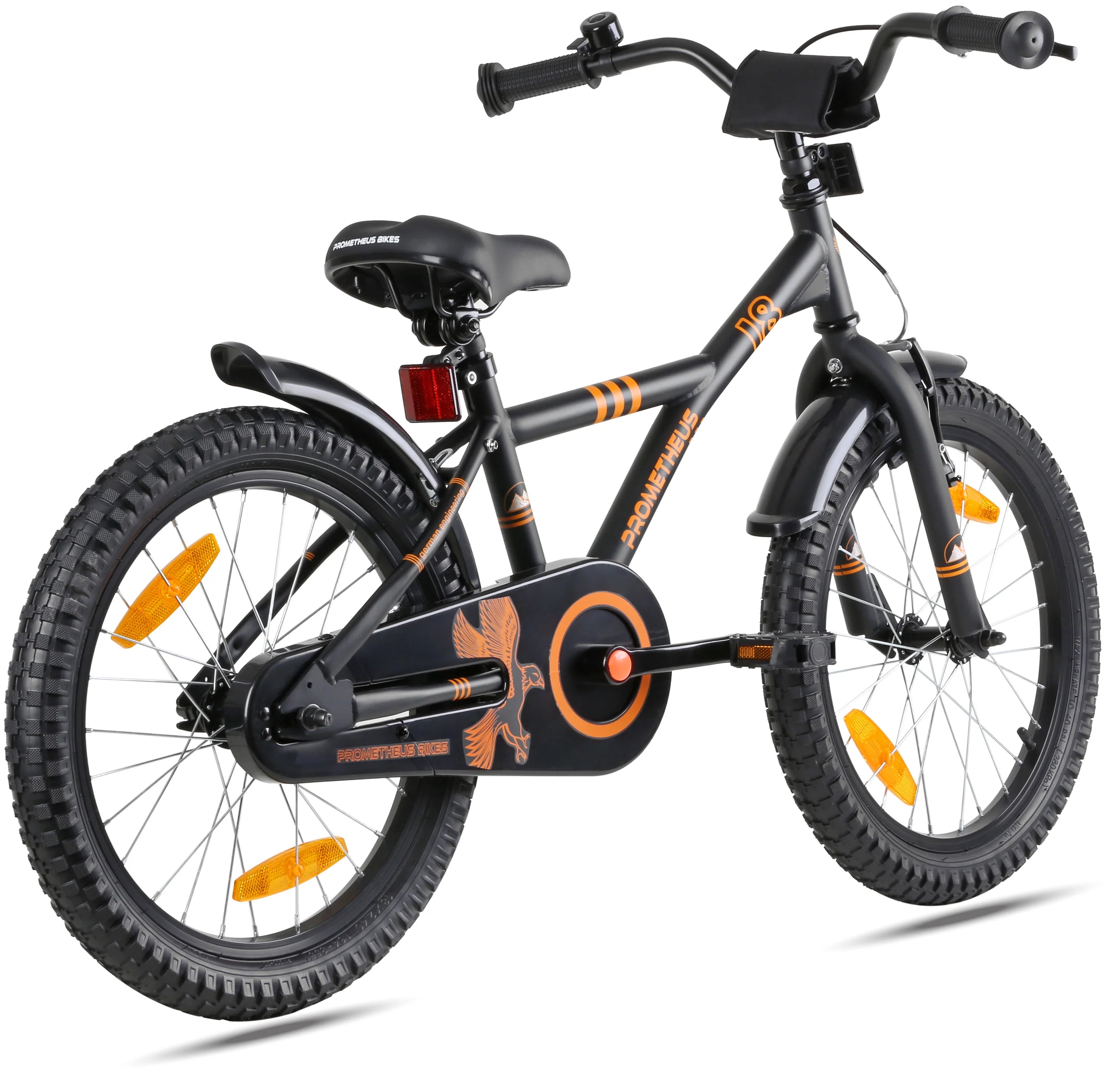 2025 Bicicleta Infantil de 18 Pulgadas, Negro Mate y Naranja, desde 5 Años