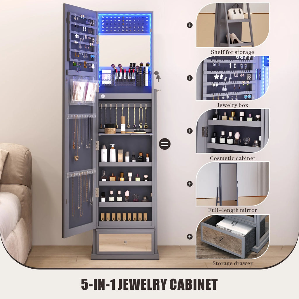 Joyero FREDEES con espejo e iluminación: organizador de madera con espejo de cuerpo entero para mujer, color gris elegante.