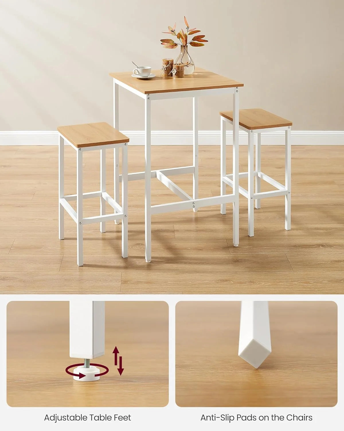 Conjunto de bar con mesa cuadrada y 2 taburetes, set de comedor para 2 personas, ahorro de espacio para cocina, rincón de desayuno, salón, sala de fiestas, en roble dorado y blanco nube