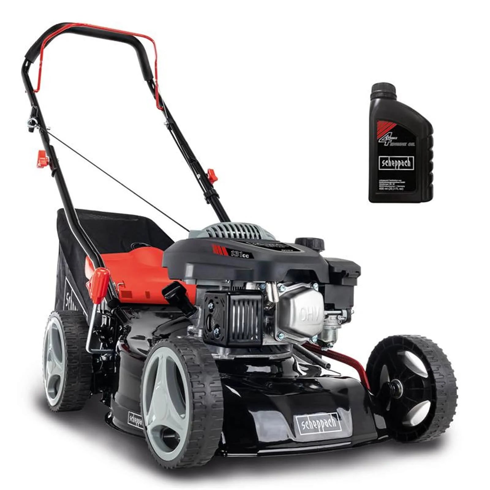 2025 Cortacésped Scheppach RM420 | 3 en 1 – 3,4 CV | Ancho de corte 420 mm | Cesto de recogida 45 L | Ajuste de altura de corte 25-75 mm | Incluye aceite para motor y cuchilla de repuesto