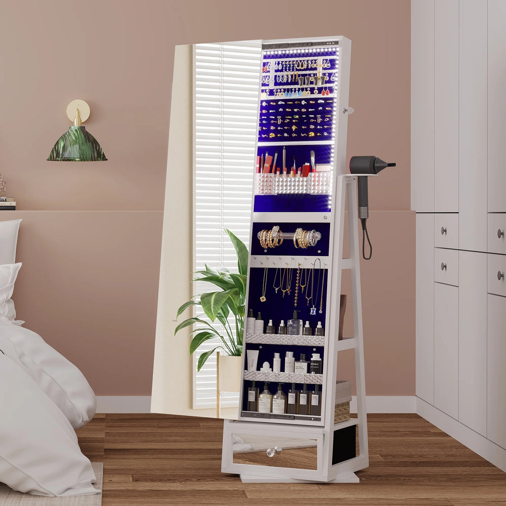 Joyero giratorio 360° LVSOMT con luz - Organizador de pie con espejo de cuerpo entero, cerradura y amplio espacio de almacenamiento - Blanco