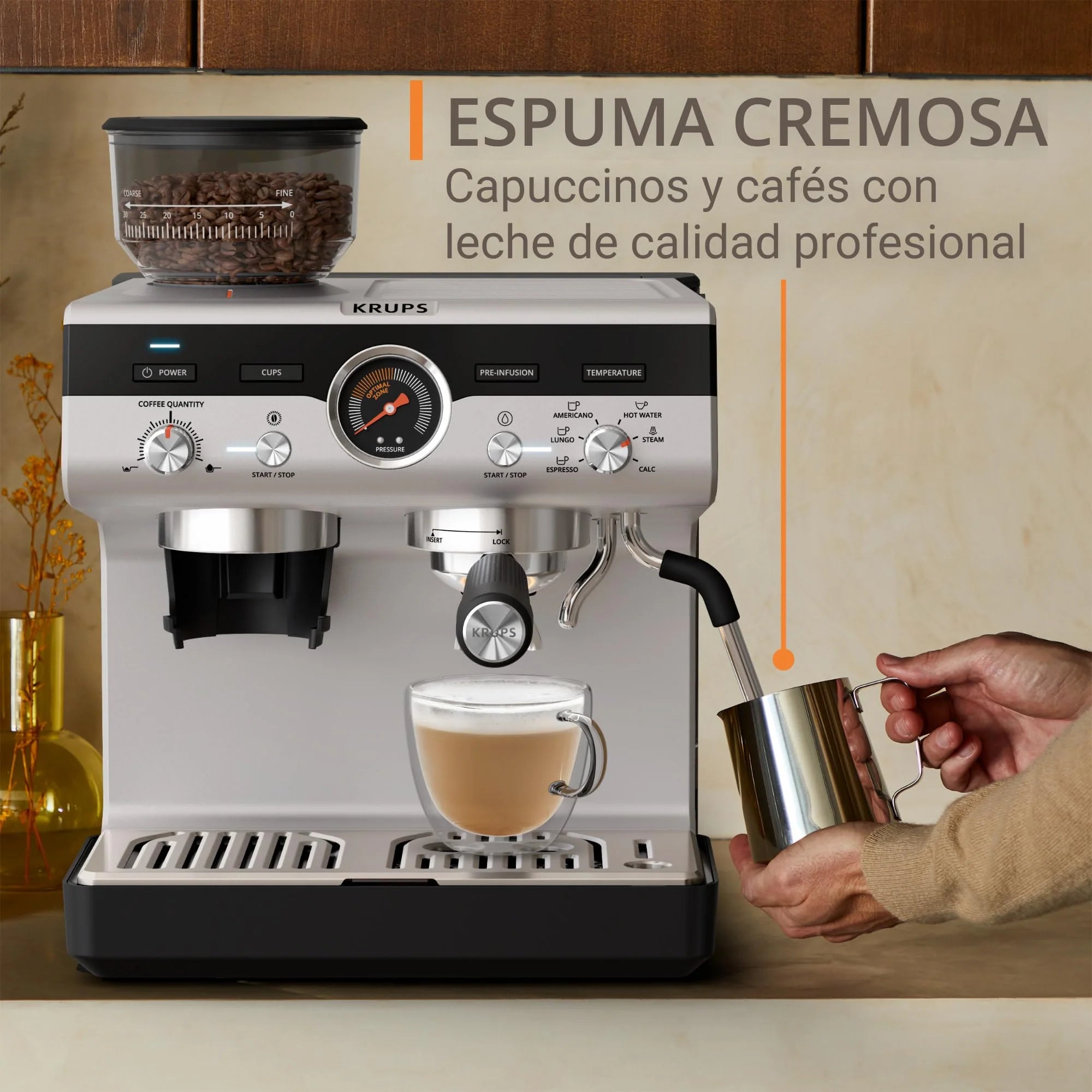 Krups Virtuoso Essential - Cafetera espresso 15 bar, acero inox negro, diseño compacto y elegante, parada automática, espresso y cappuccino, Thermoblock, boquilla de vapor, incluye cuchara, XP4418