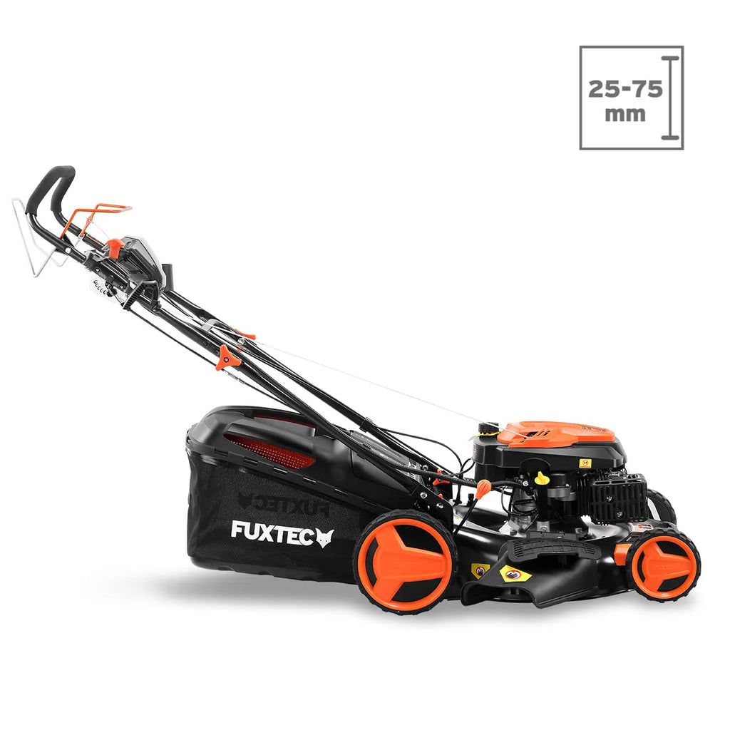 2025 Cortacésped de gasolina 4 en 1 FUXTEC FX-RM5196eS con motor ZIPGO, cortacésped de jardín con función de descarga lateral, ancho de corte 51 cm, motor de 4 tiempos con tracción trasera, ruedas grandes con rodamientos, bolsa de césped 60 L