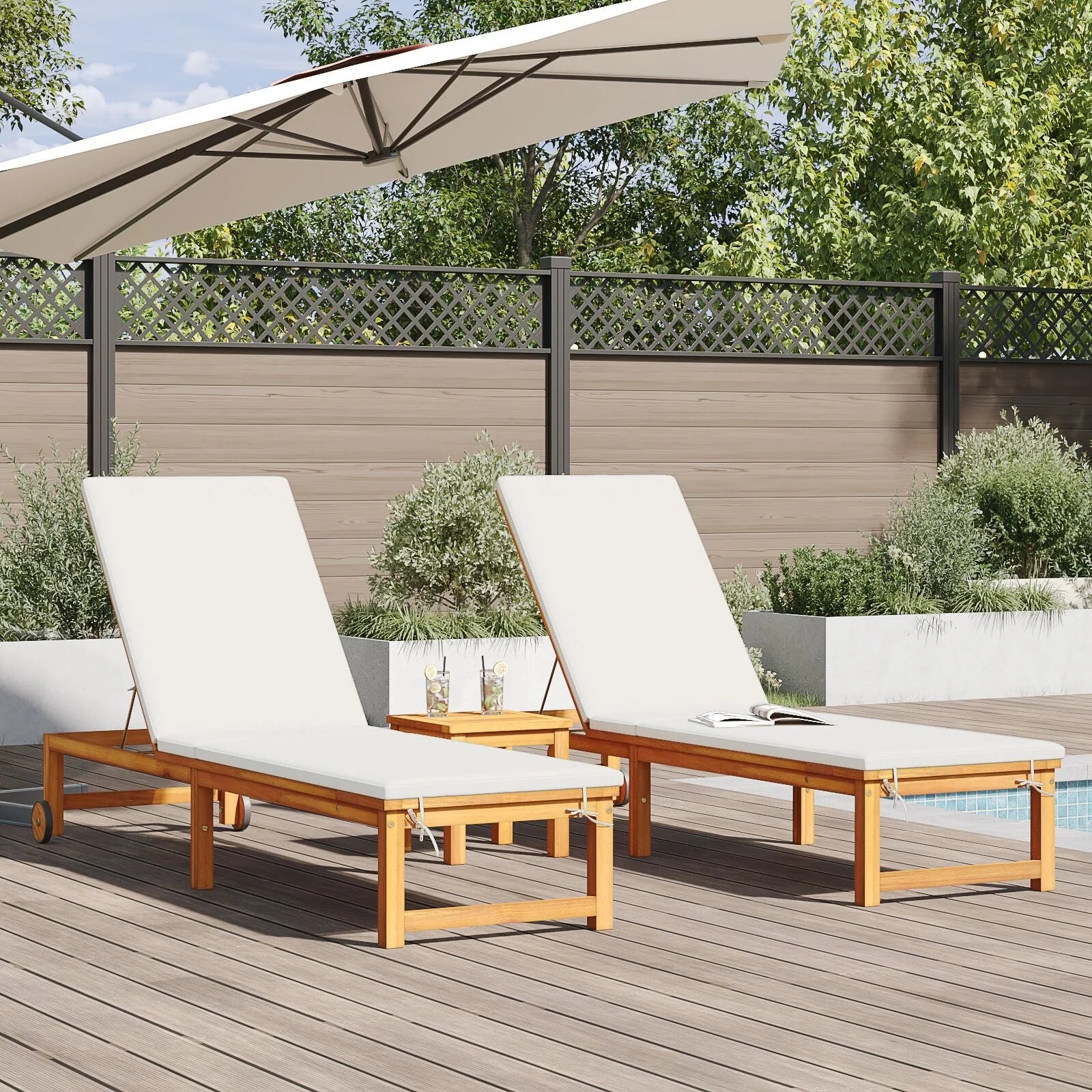 2025 Tumbonas 2 pcs con Mesa y Cojines de Madera Maciza de Acacia, Tumbona con Cojines Crema de Madera Maciza de Acacia, Mesa Lateral de Jardín 35x35x34 cm de Madera Maciza de Acacia V8526