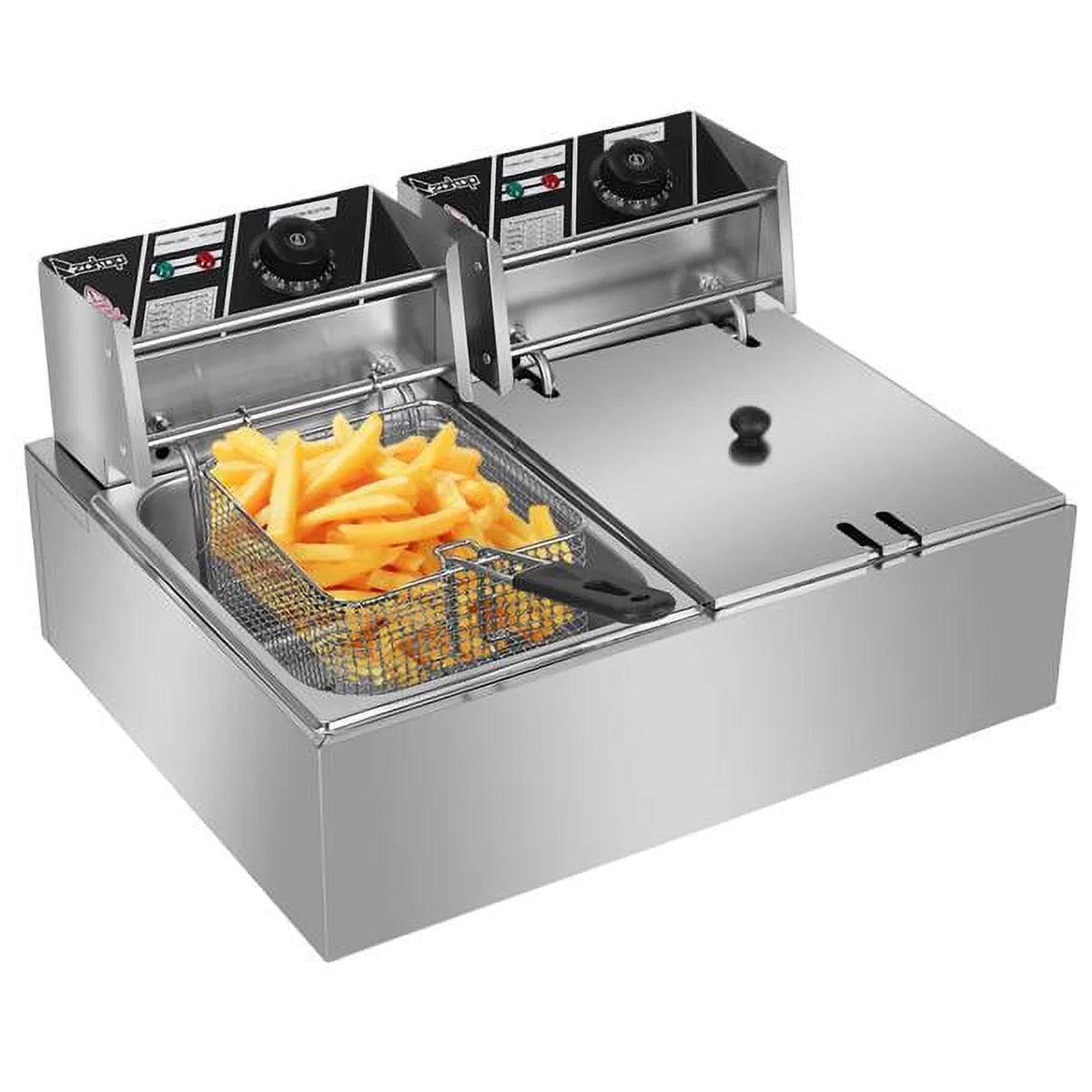 Freidora eléctrica de sobremesa con doble tanque de acero inoxidable - Gran capacidad - Electrodoméstico de sobremesa - Freidora industrial con tanque grande para papas fritas (12.7 cuartos/12 L, 5000 W)