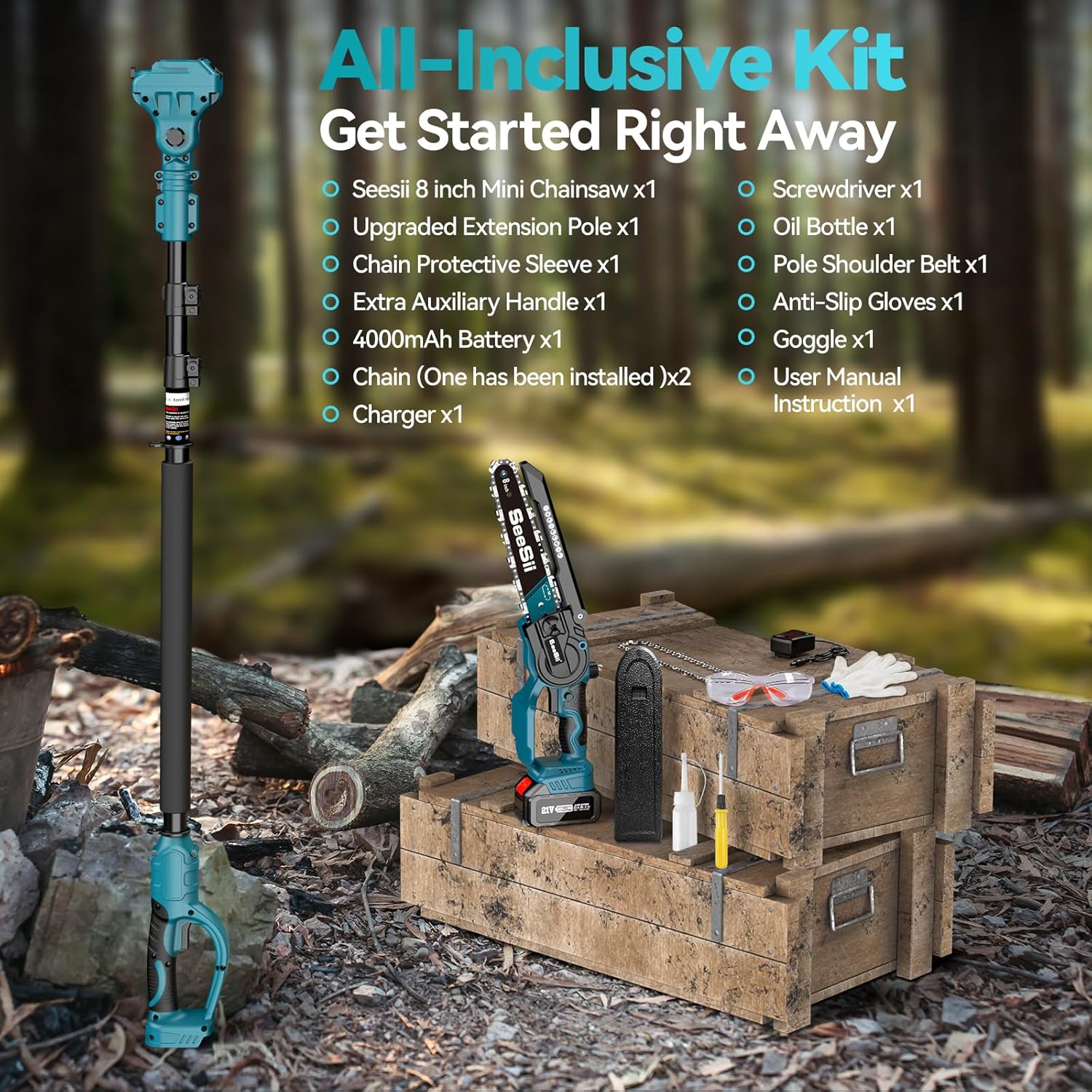 SEESII 2-in-1 Cordless Chain Saw and Mini Chainsaw with 2 4000mAh Batteries, 8 Inch Brushless Chainsaw with Telescopic Pole, Extendable up to 15 Feet for Tree Pruning