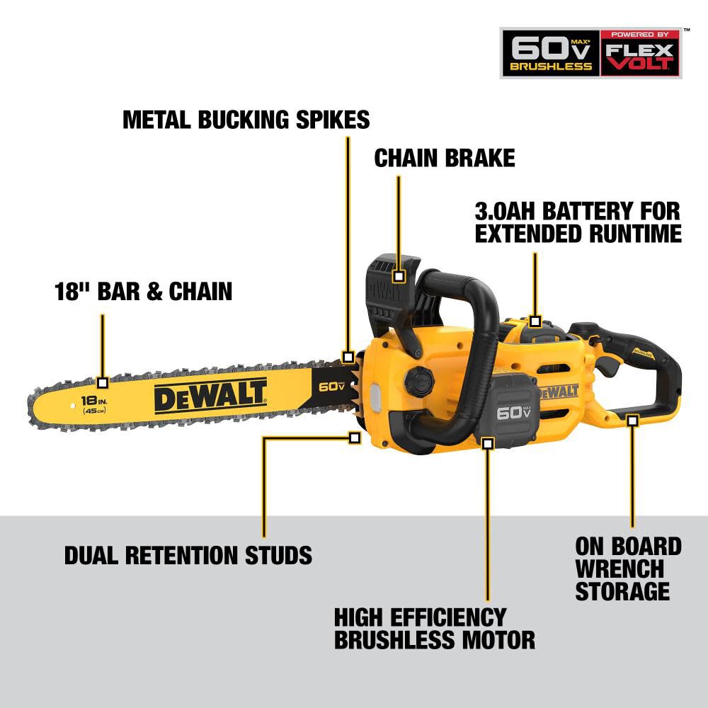 Motosierra inalámbrica DEWALT 60V MAX, barra de 18", motor sin escobillas, batería incluida