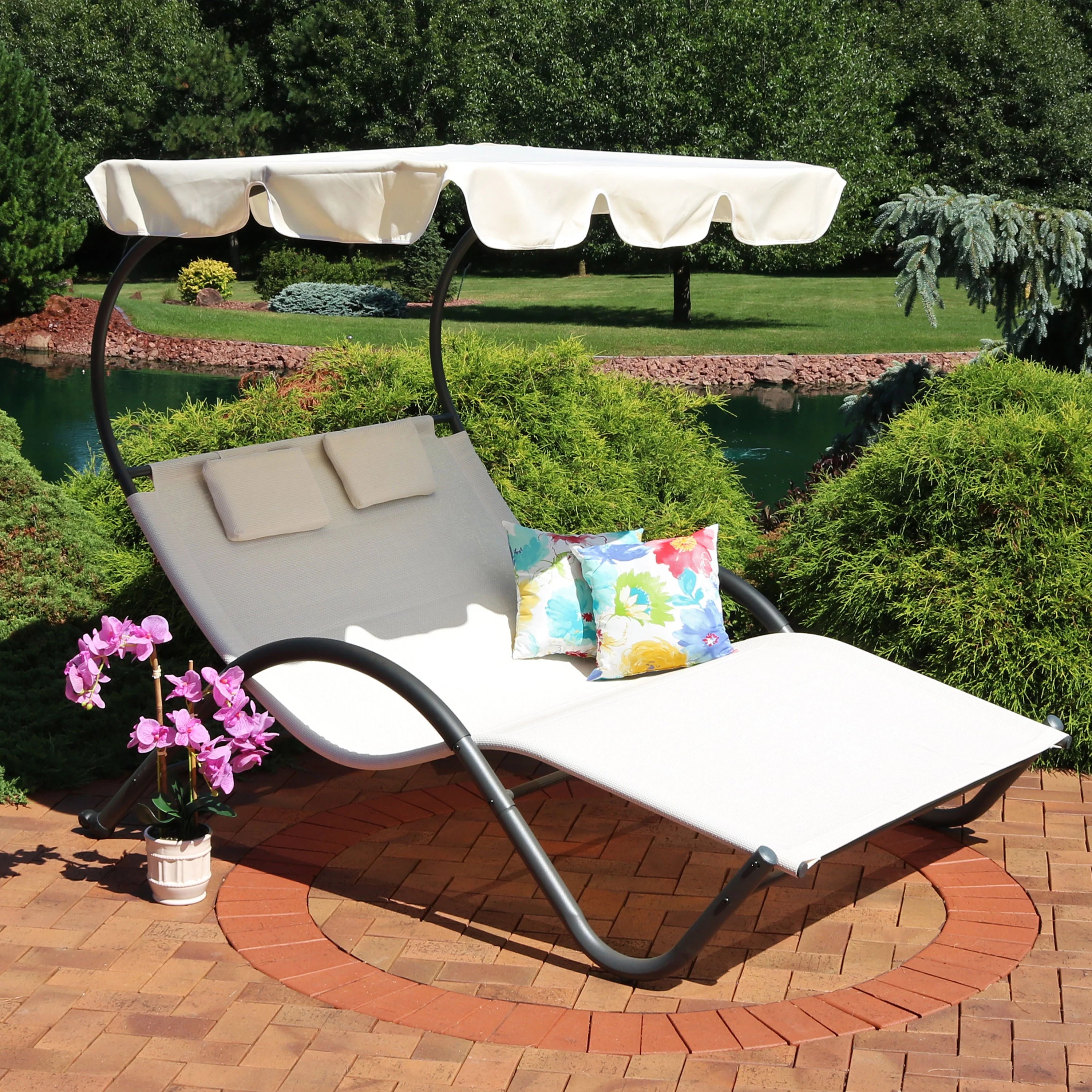 2025 Tumbona Doble Sunnydaze con Dosel y Almohada para Cabeza - Beige