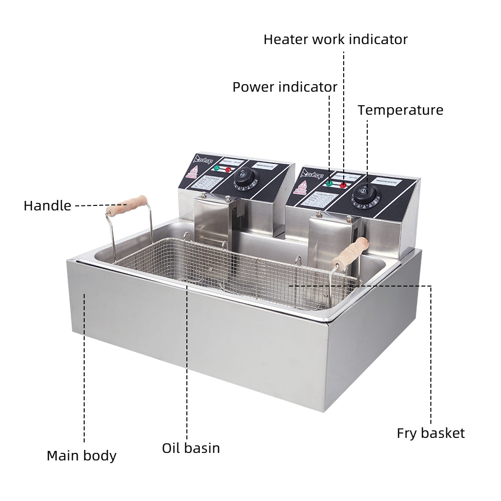 Freidora eléctrica ZOKOP de gran capacidad de 12,7 cuartos, tanque de acero inoxidable de una sola pieza con cesta, color plateado