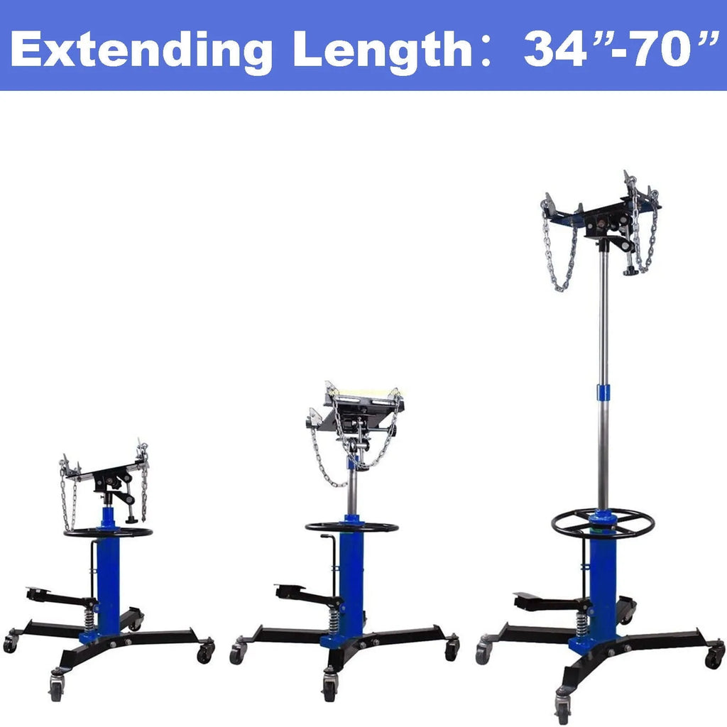 Gato hidráulico vertical para transmisión de vehículos, capacidad de 0,75 toneladas (1660 lb), altura de elevación de 84 a 178 cm, ruedas giratorias de 360° y pedal, color azul