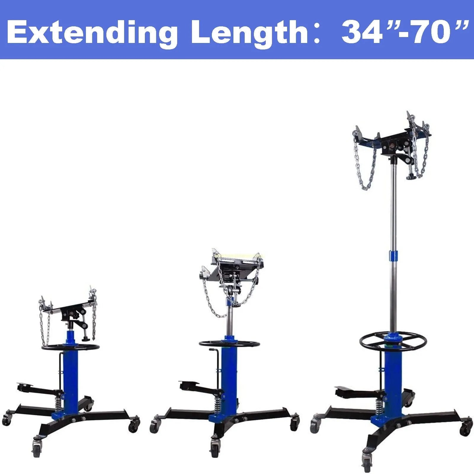Gato hidráulico vertical para transmisión de vehículos, capacidad de 0,75 toneladas (1660 lb), altura de elevación de 84 a 178 cm, ruedas giratorias de 360° y pedal, color azul