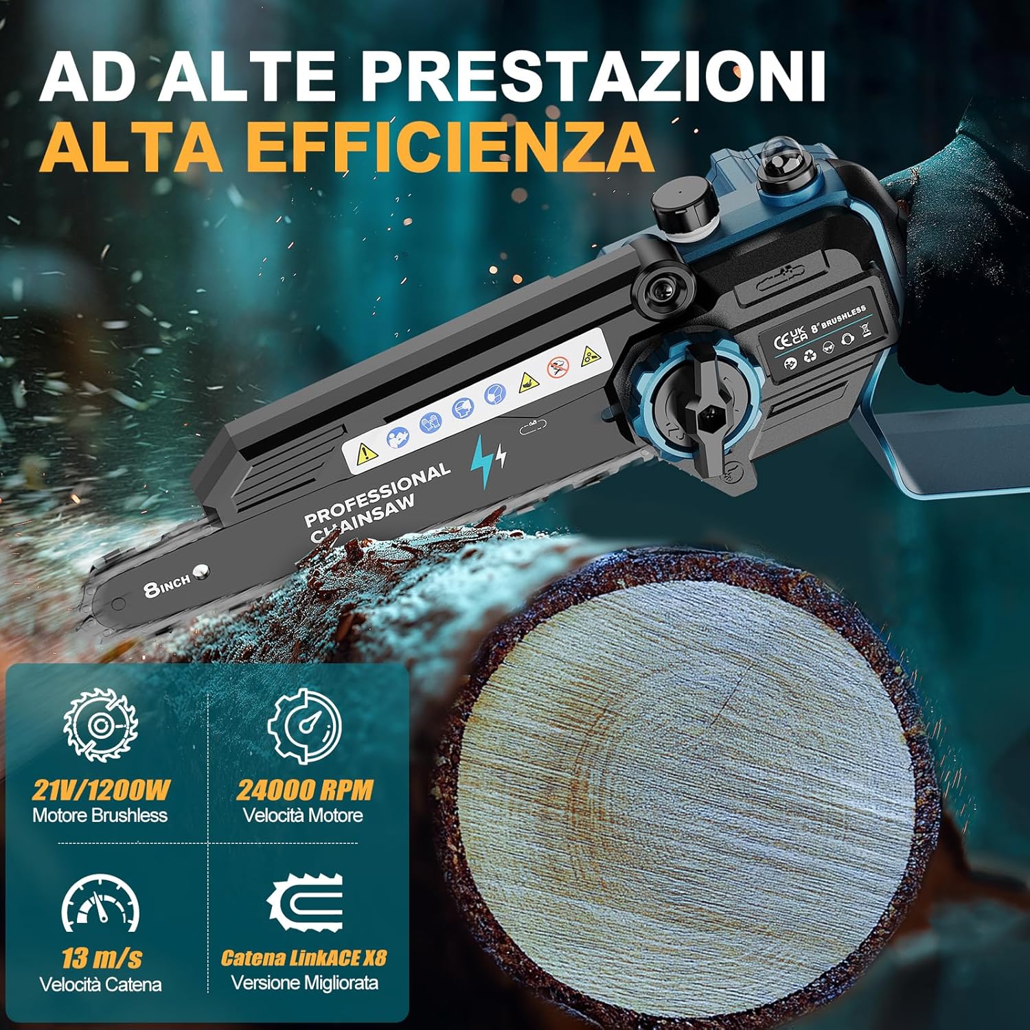 2-en-1 8 Pulgadas Mini Motosierra y Motosierra de Pértiga Inalámbrica con 2 Baterías de 4000mAh, Motosierra sin Escobillas con Telescópicas para Exterior, Extensible hasta 4M