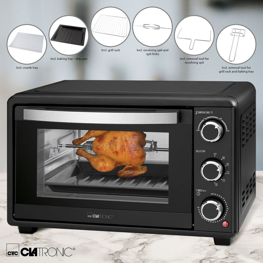 Horno Convección Sobremesa, 25l,  Asador Giratorio Pollos, Grill,  6 Programas, Temporizador 60 M Negro 1500w Clatronic Mbg 3727