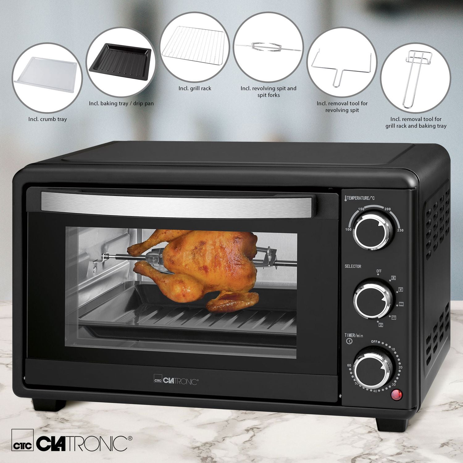 Horno Convección Sobremesa, 25l,  Asador Giratorio Pollos, Grill,  6 Programas, Temporizador 60 M Negro 1500w Clatronic Mbg 3727
