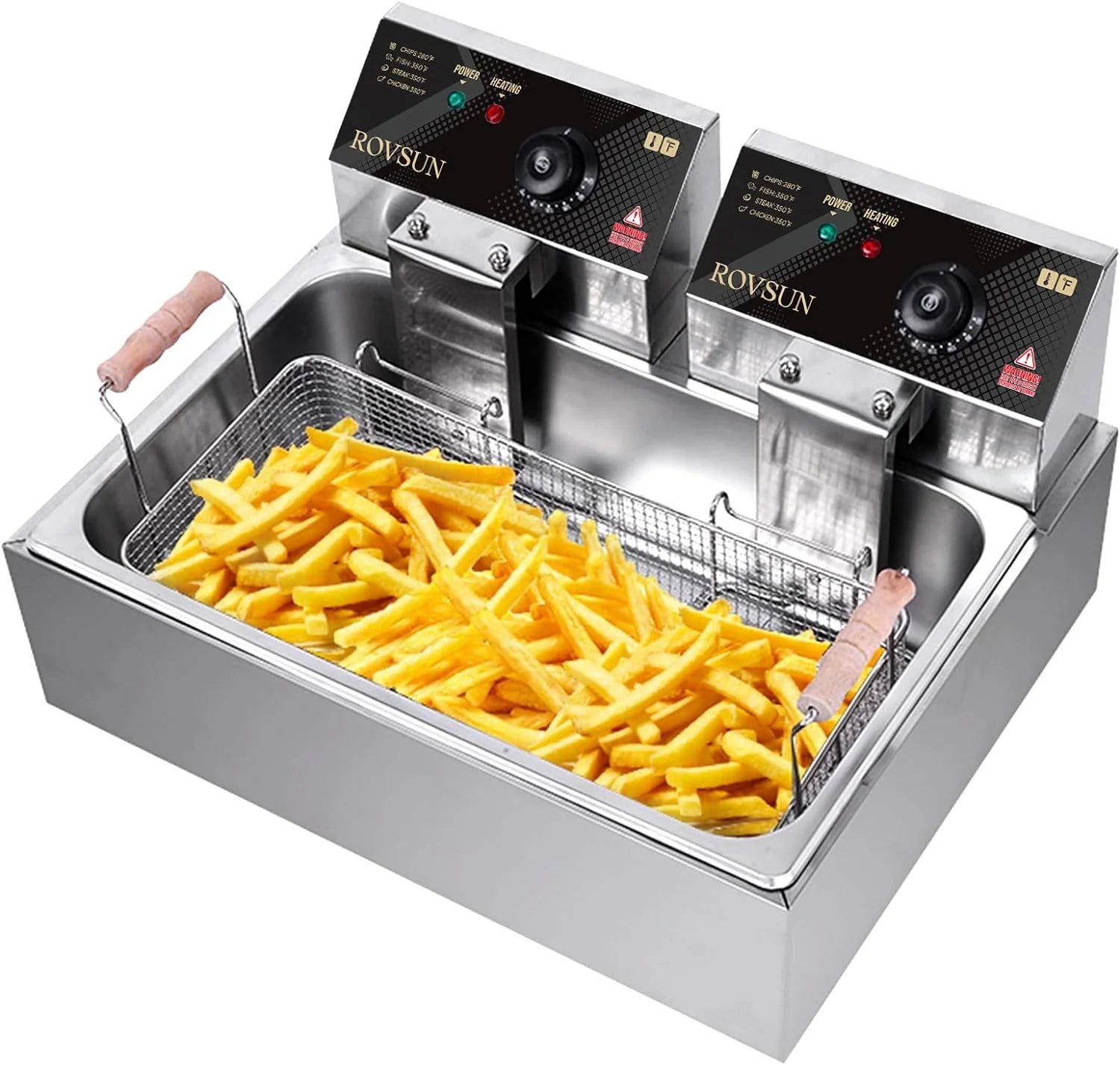 Freidora eléctrica ROVSUN de 23,8 Qt con gran canasta única y tapa, temperatura ajustable, freidora comercial de acero inoxidable para papas fritas, aros de cebolla y pavo, 5000 W.